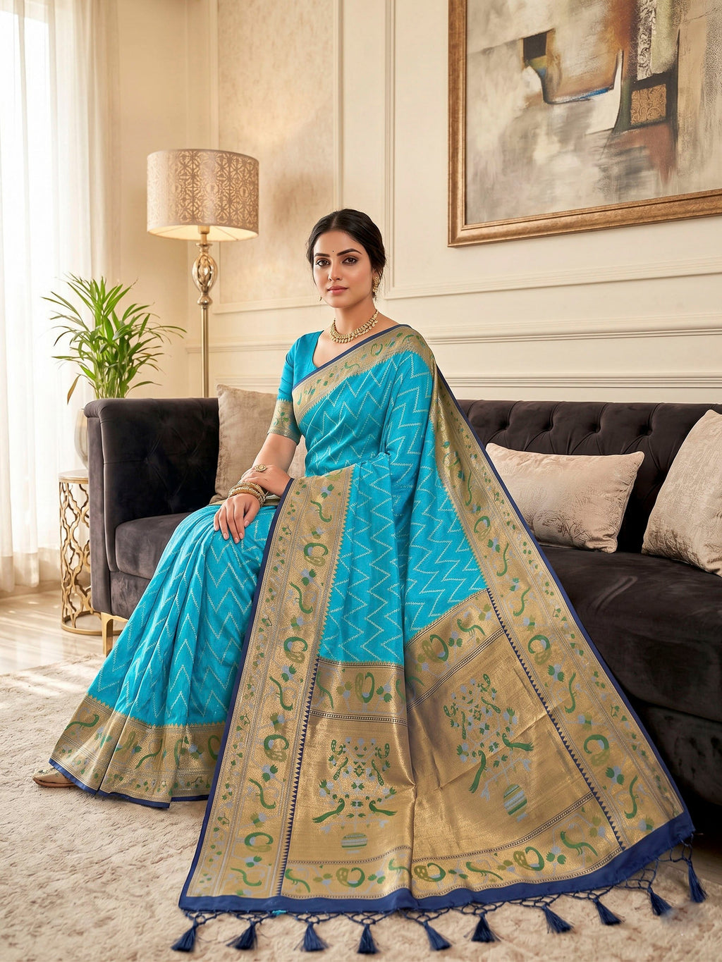 Lake Blue Woven Design Art Silk Kanjivaram Saree