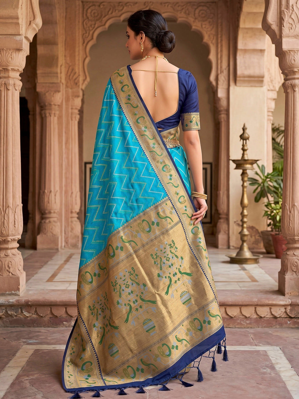 Lake Blue Woven Design Art Silk Kanjivaram Saree
