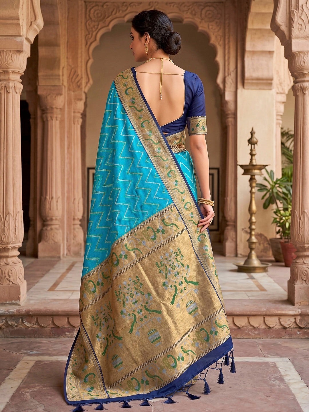 Lake Blue Woven Design Art Silk Kanjivaram Saree