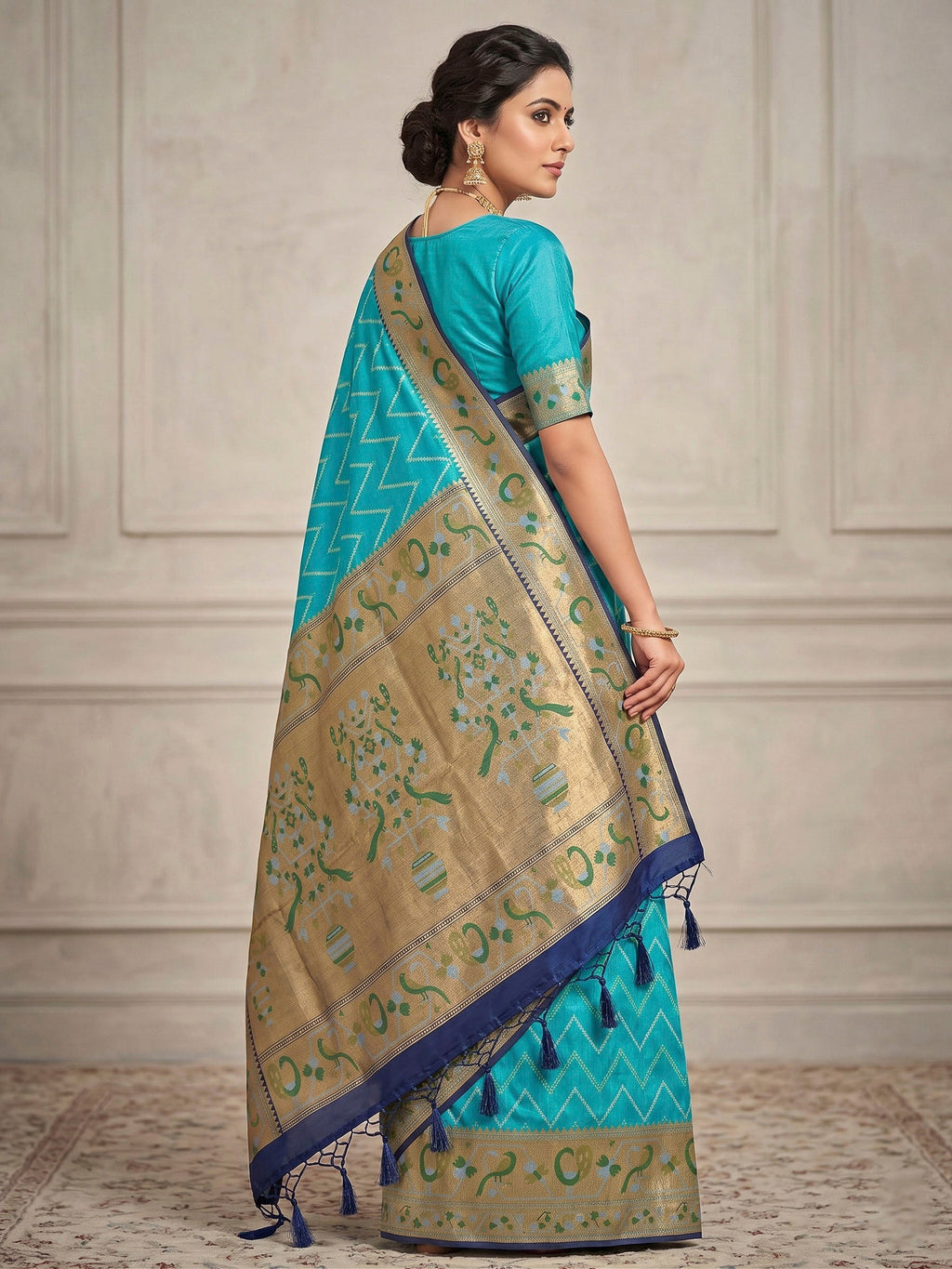 Lake Blue Woven Design Art Silk Kanjivaram Saree