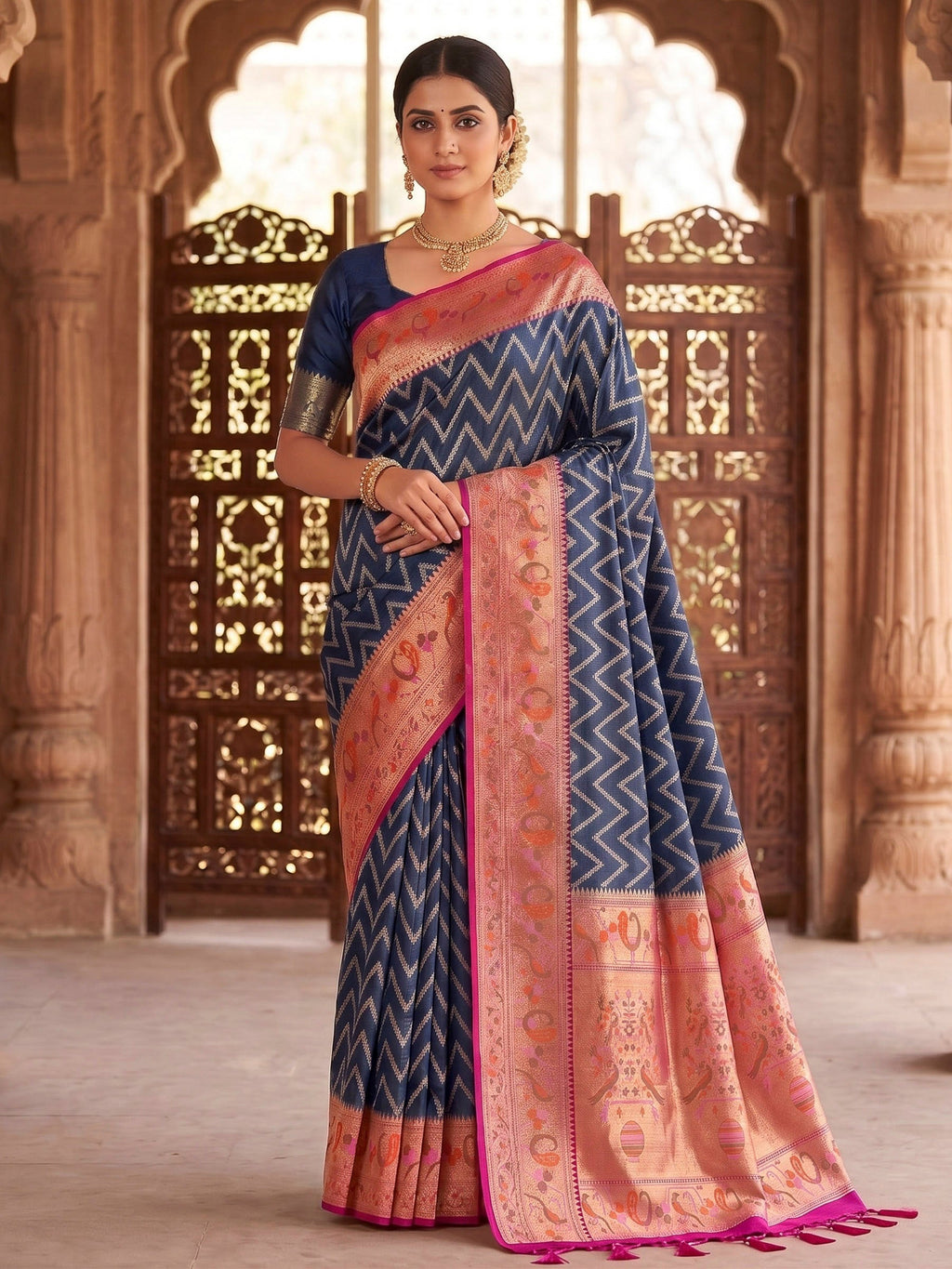 Navy Blue Woven Design Art Silk Kanjivaram Saree