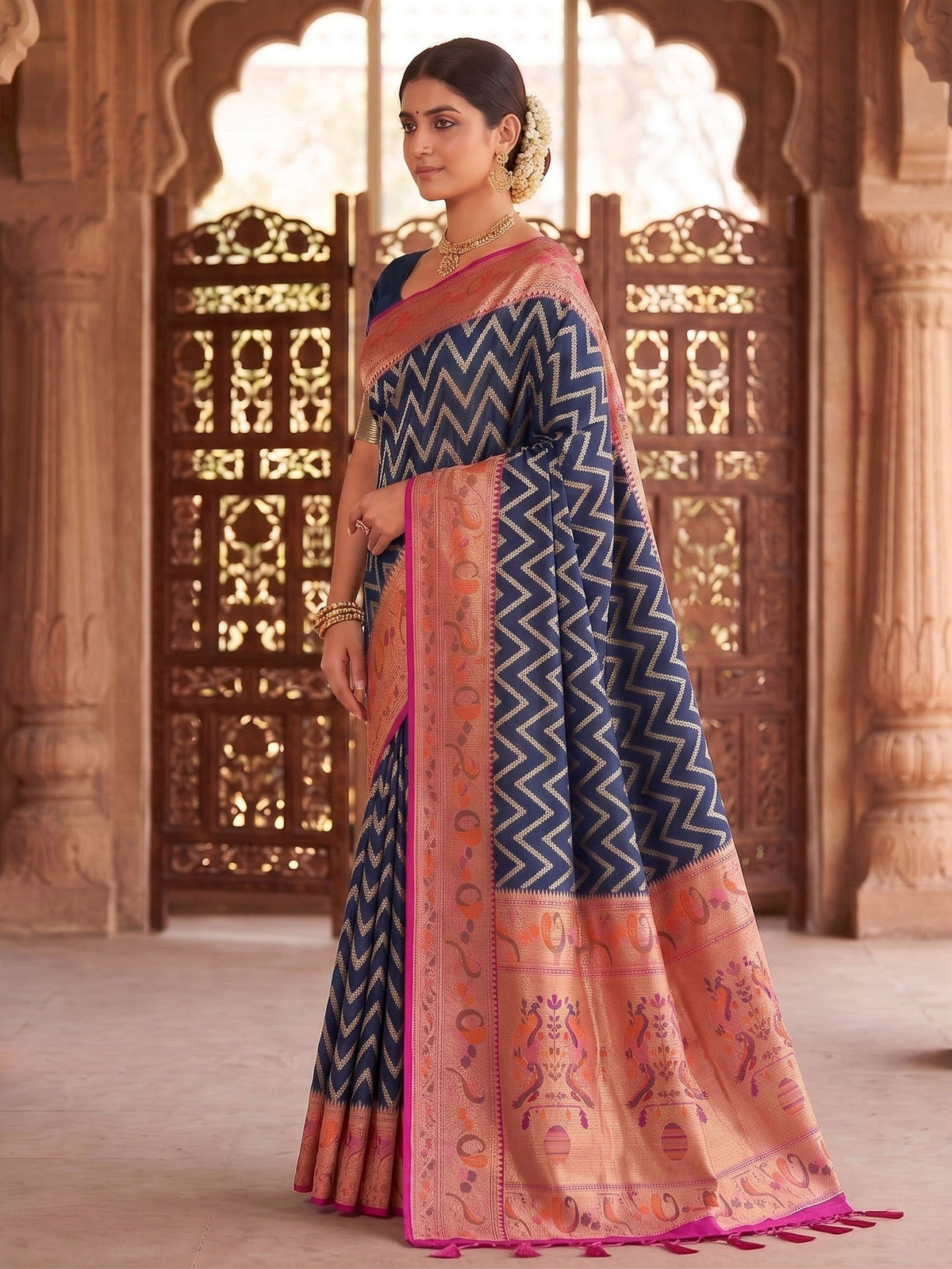 Navy Blue Woven Design Art Silk Kanjivaram Saree