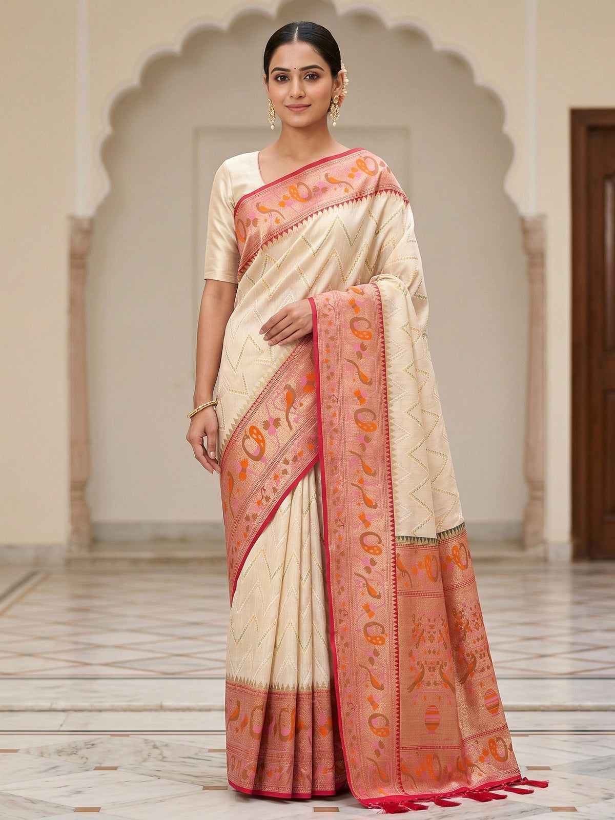 Off White Woven Design Art Silk Kanjivaram Saree