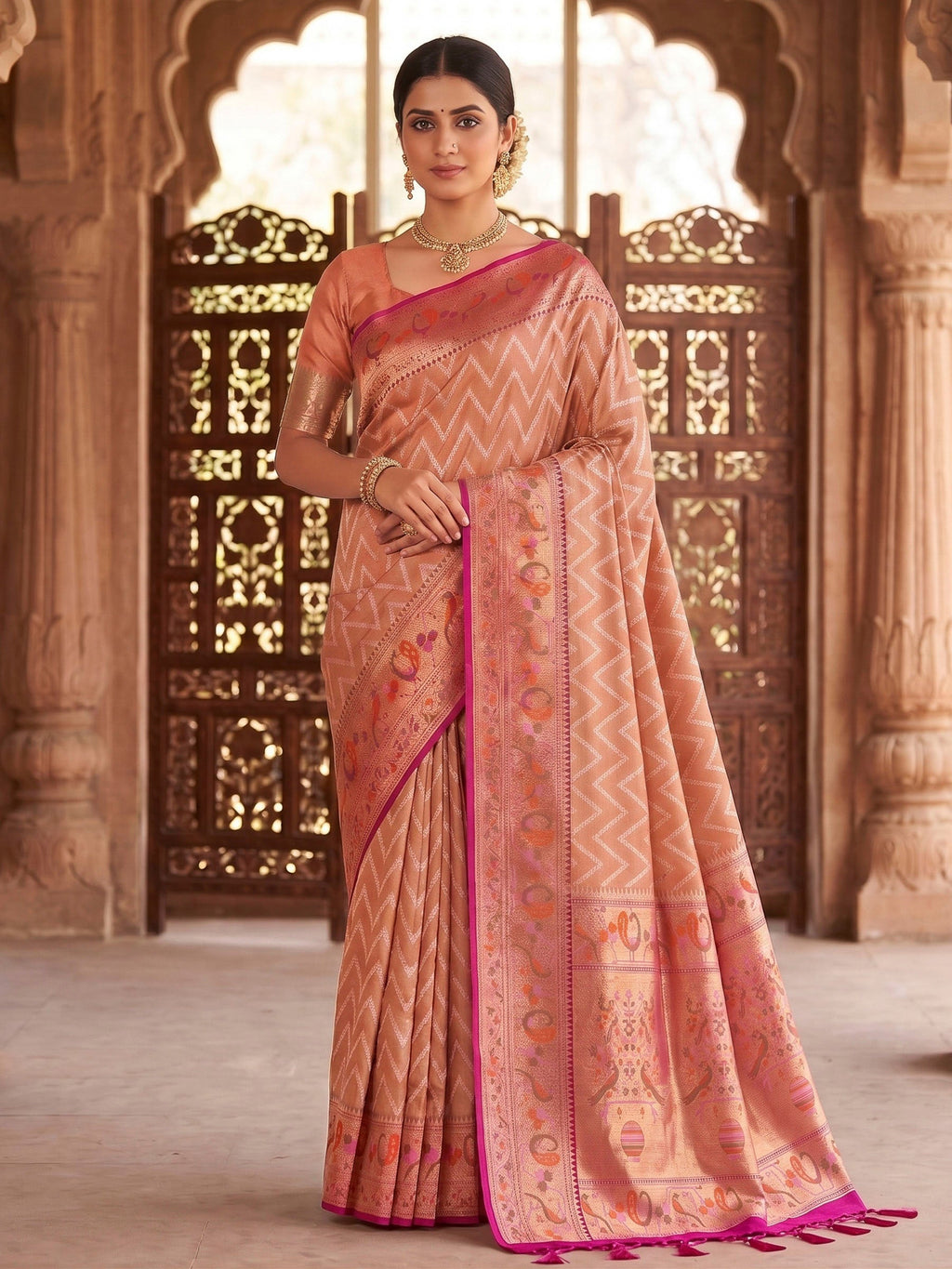 Peach Woven Design Art Silk Kanjivaram Saree