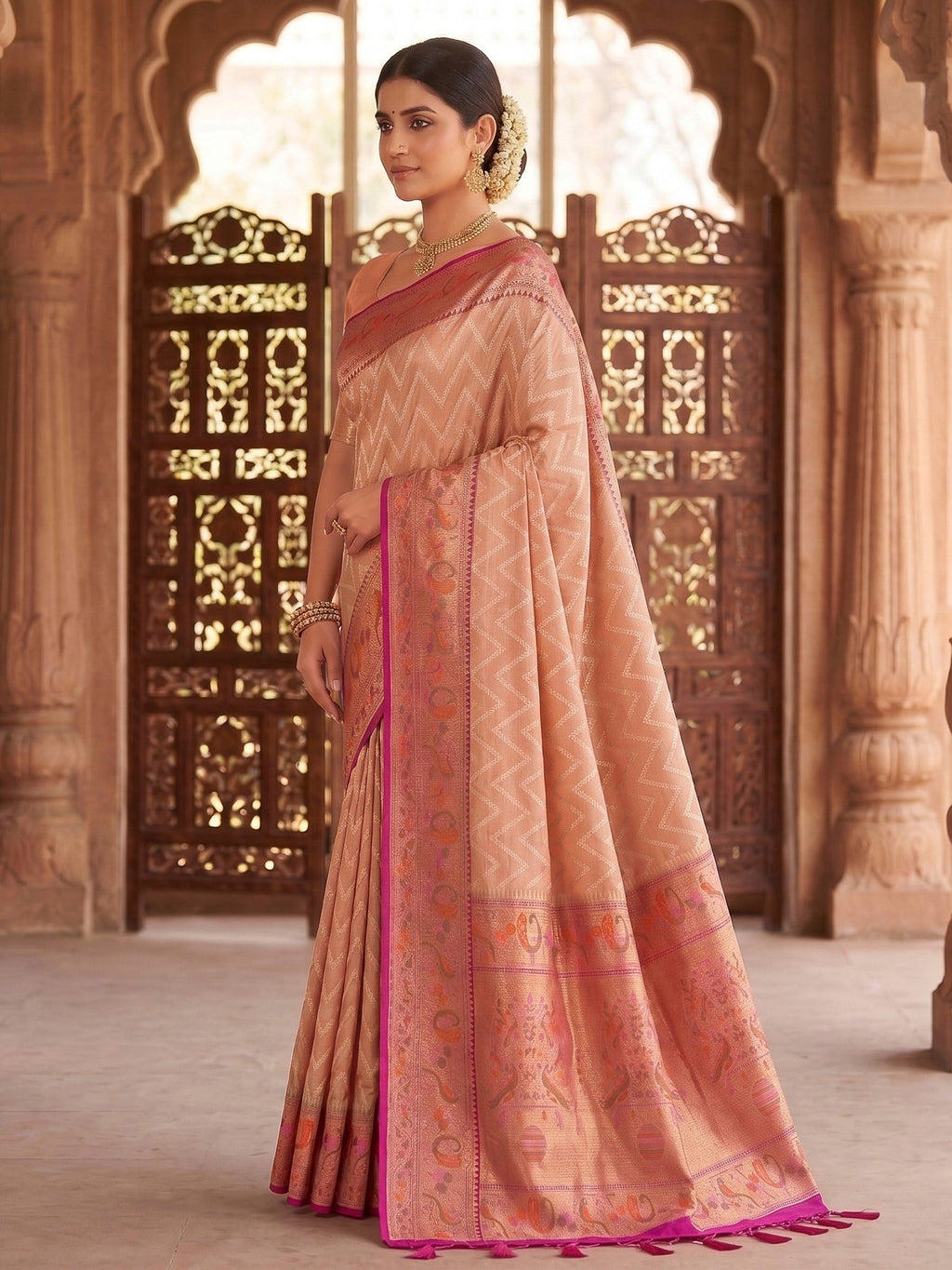 Peach Woven Design Art Silk Kanjivaram Saree