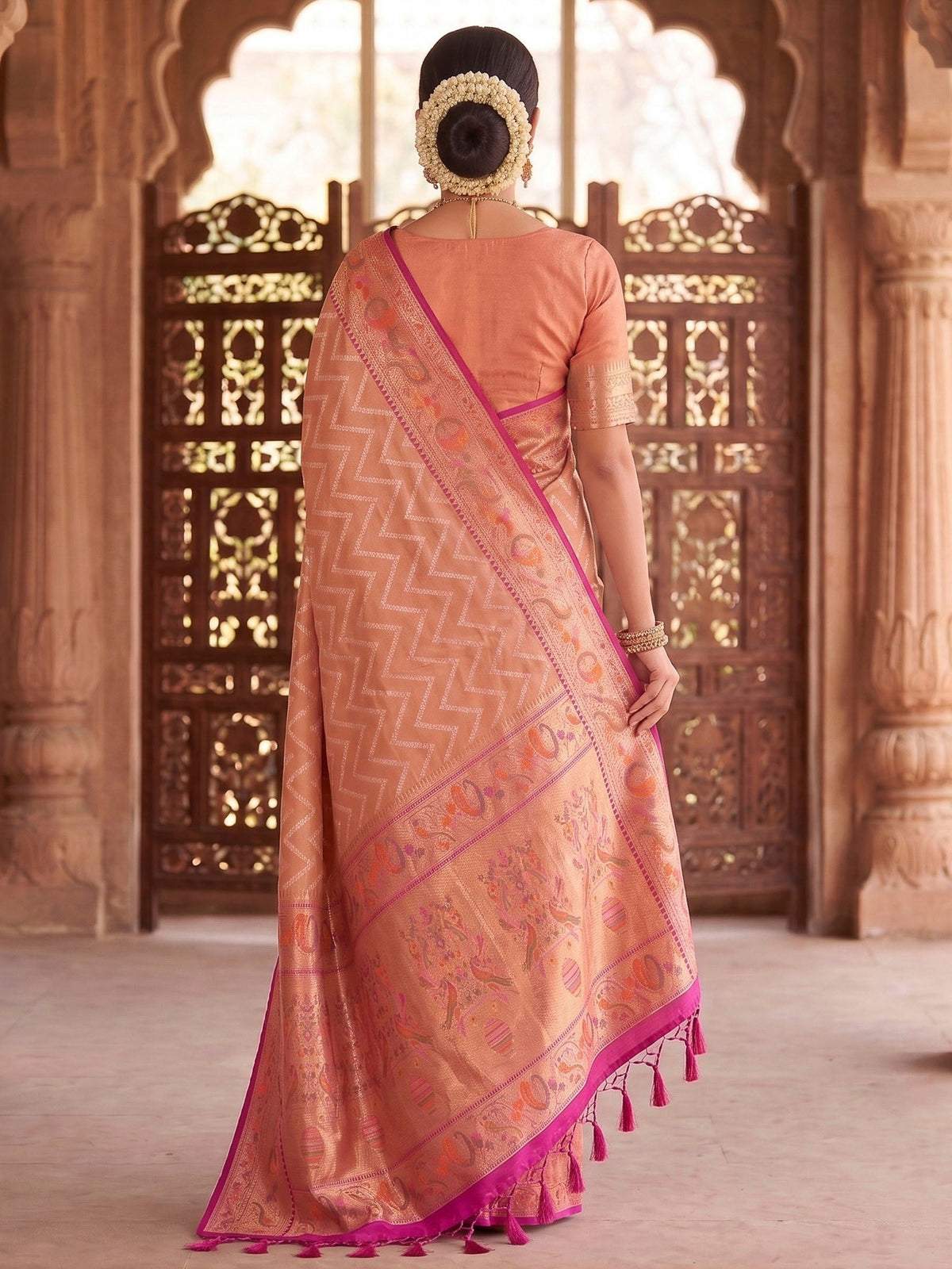 Peach Woven Design Art Silk Kanjivaram Saree