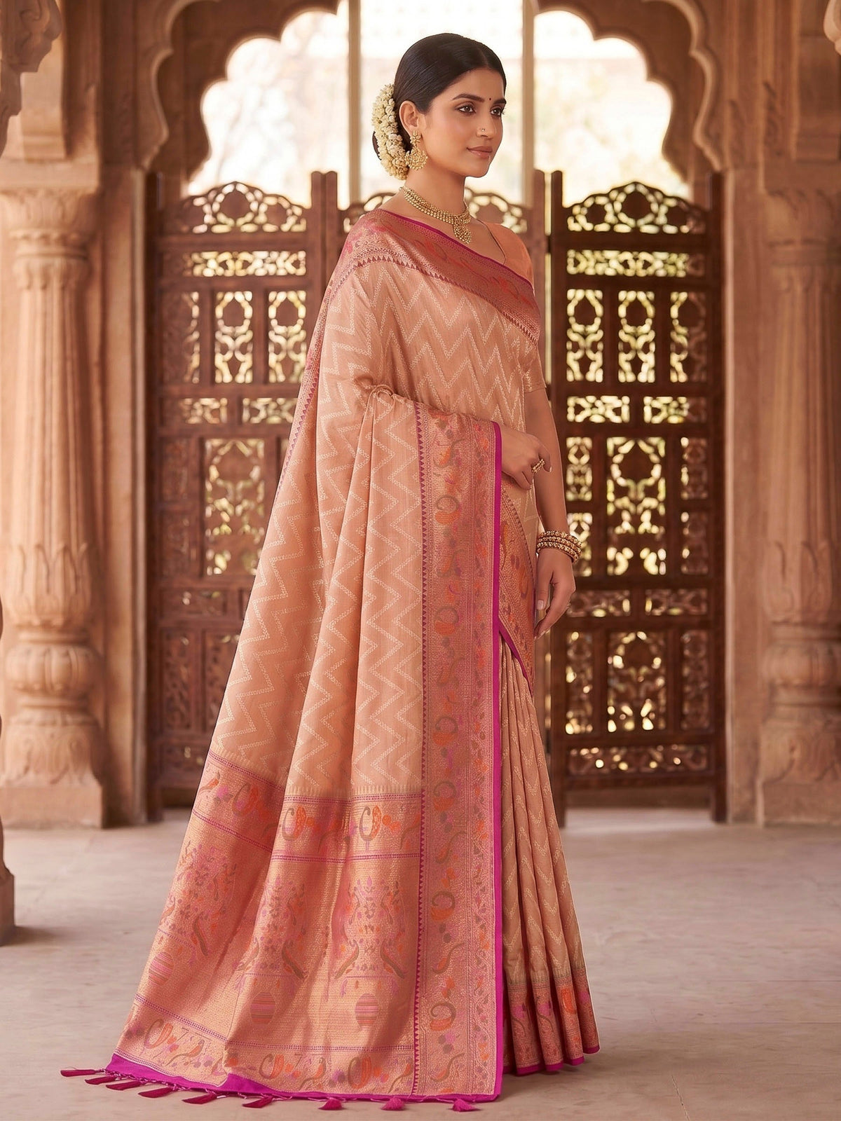 Peach Woven Design Art Silk Kanjivaram Saree