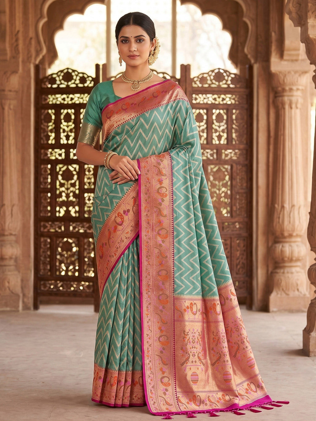 Sea Green Woven Design Art Silk Kanjivaram Saree