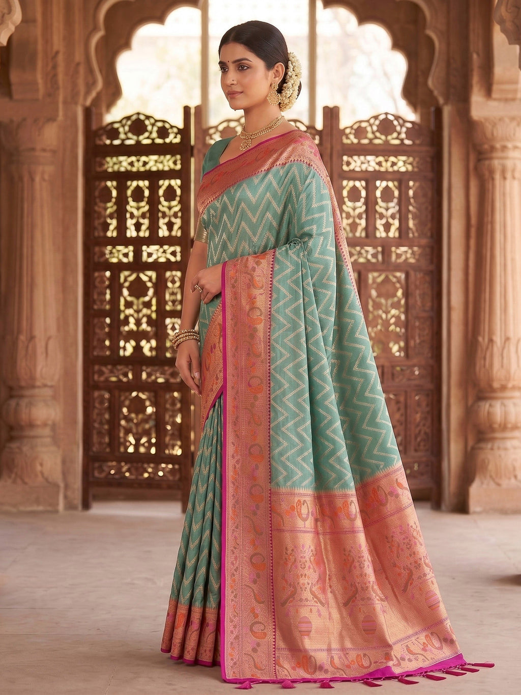 Sea Green Woven Design Art Silk Kanjivaram Saree