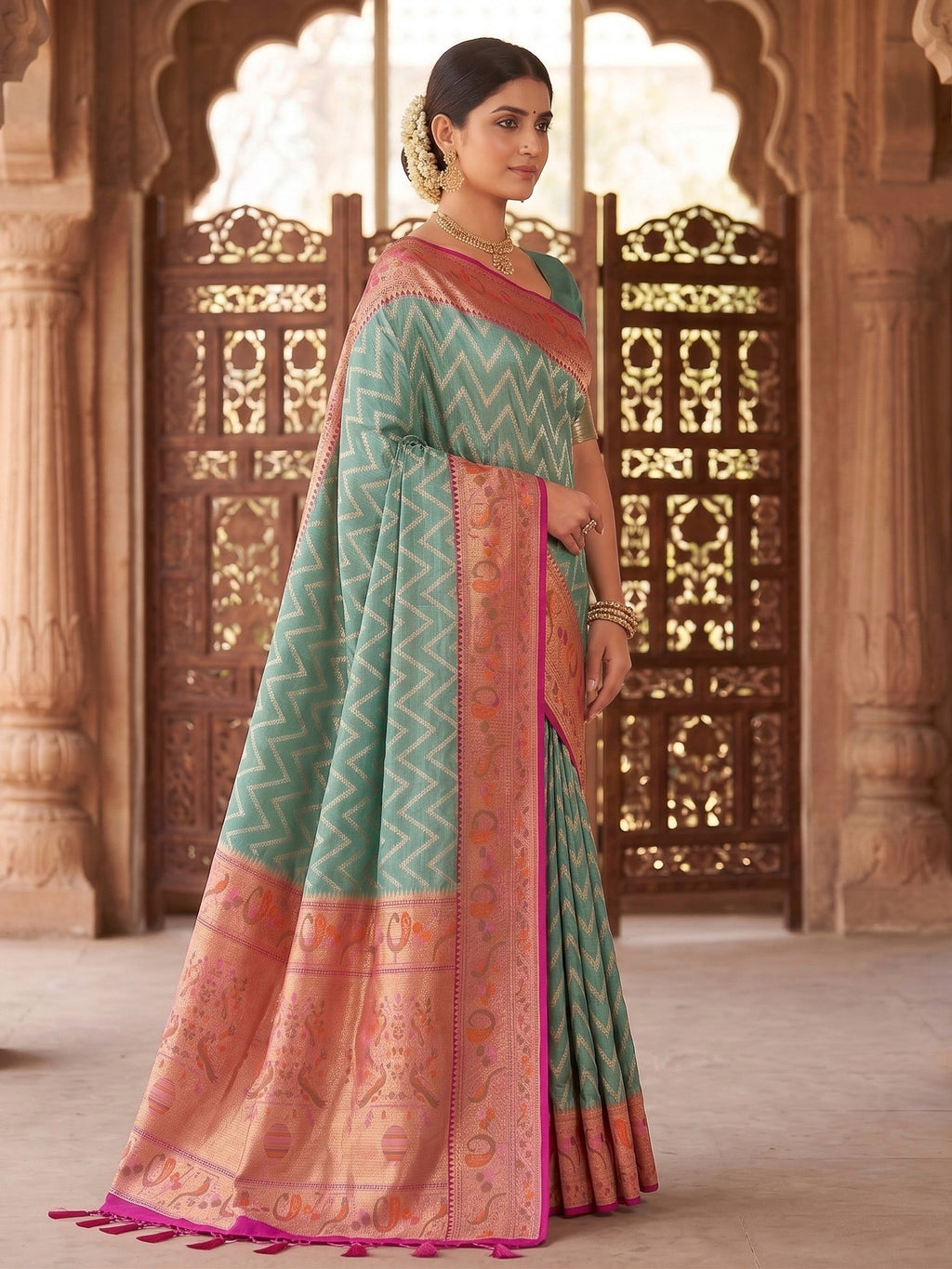 Sea Green Woven Design Art Silk Kanjivaram Saree