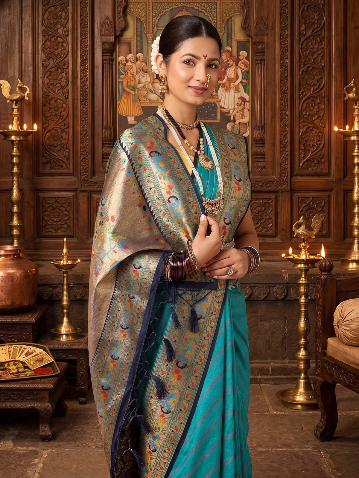 Dark Blue Navy Woven Design Dola Silk Saree