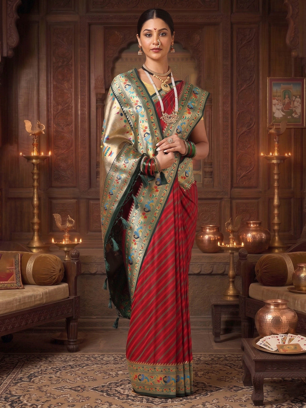 Maroon Navy Woven Design Dola Silk Saree