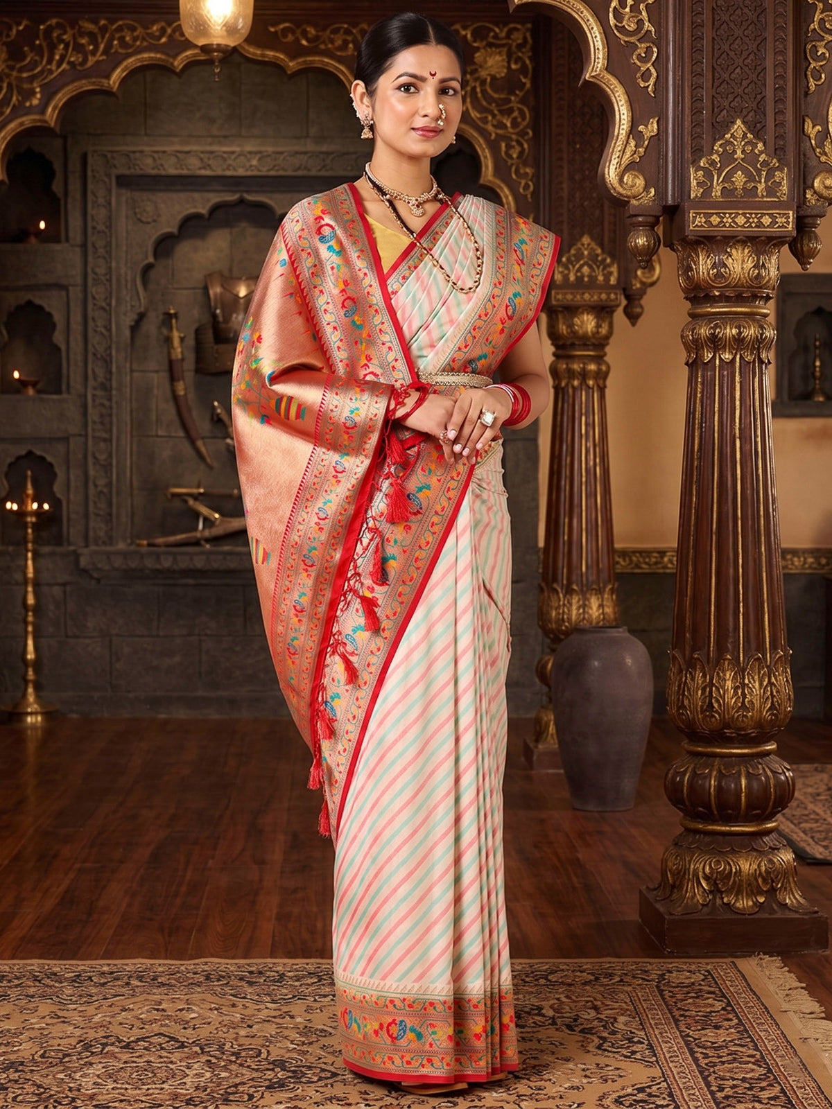 Off White Red Woven Design Dola Silk Saree