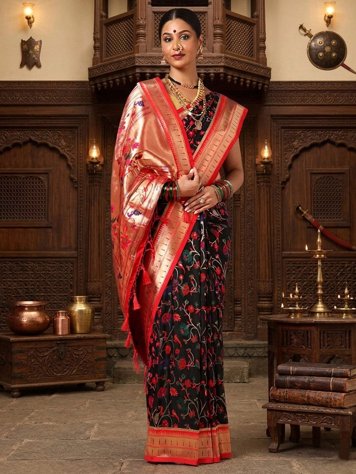 Black Red Woven Design Dola Silk Saree