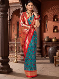 Dark Blue Red Woven Design Dola Silk Saree