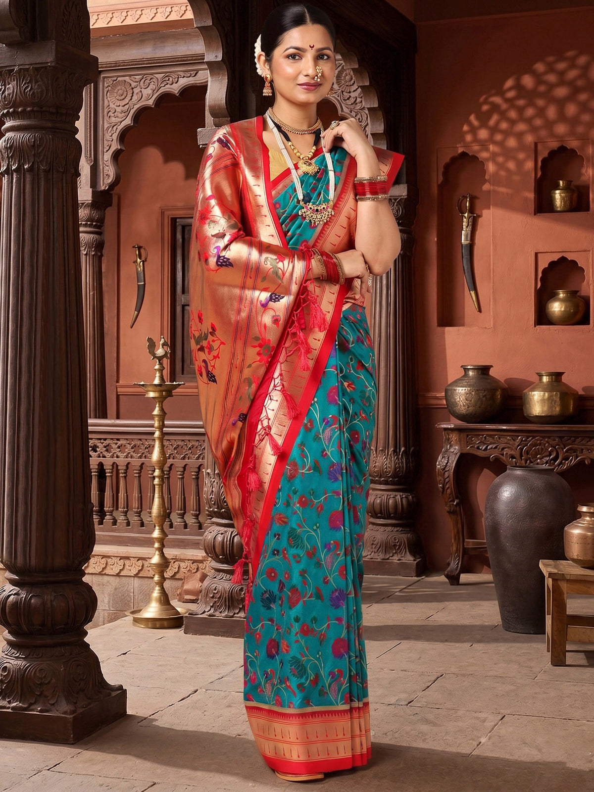 Dark Blue Red Woven Design Dola Silk Saree