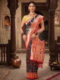 Dark Green Red Woven Design Dola Silk Saree