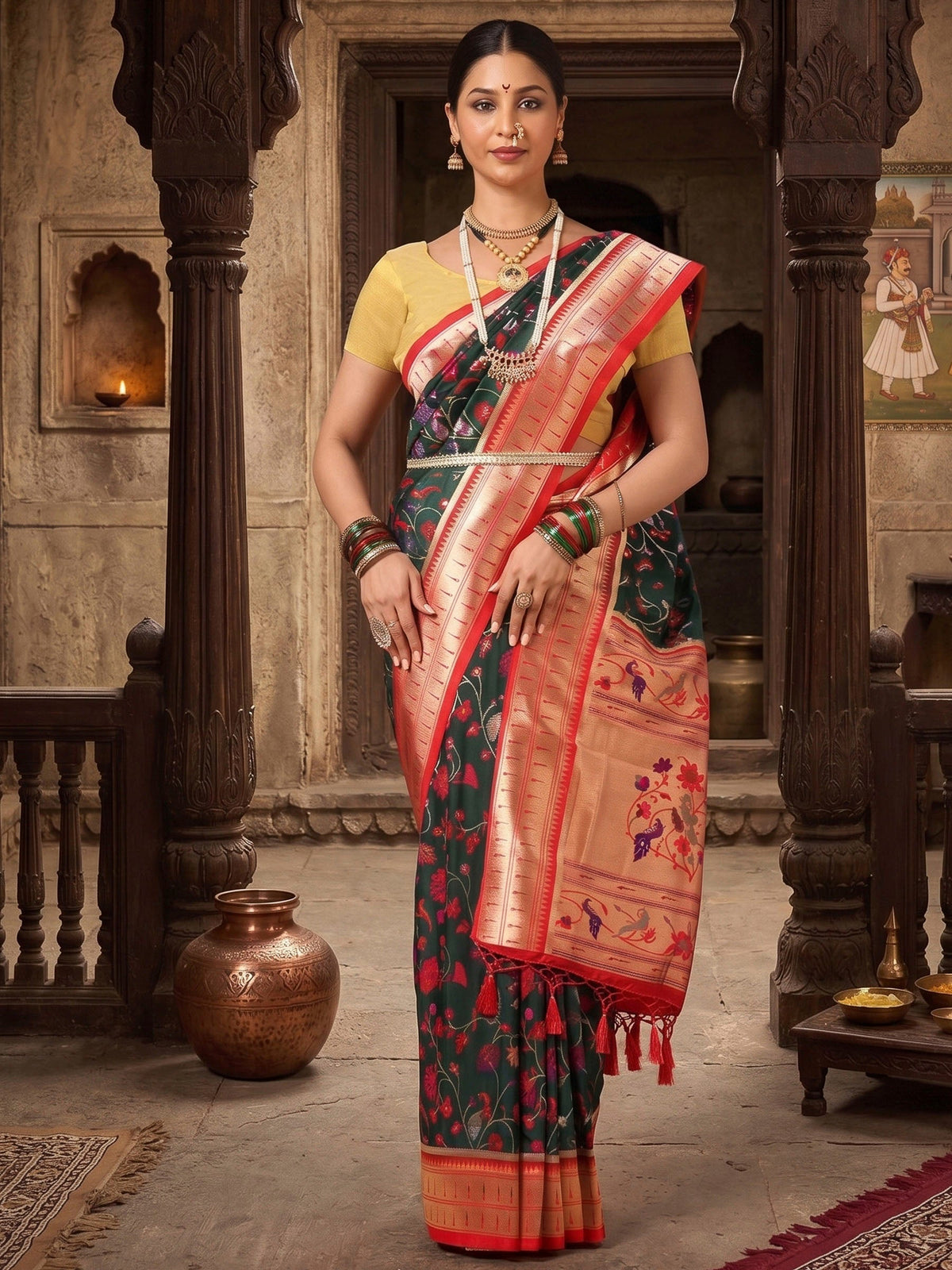 Dark Green Red Woven Design Dola Silk Saree