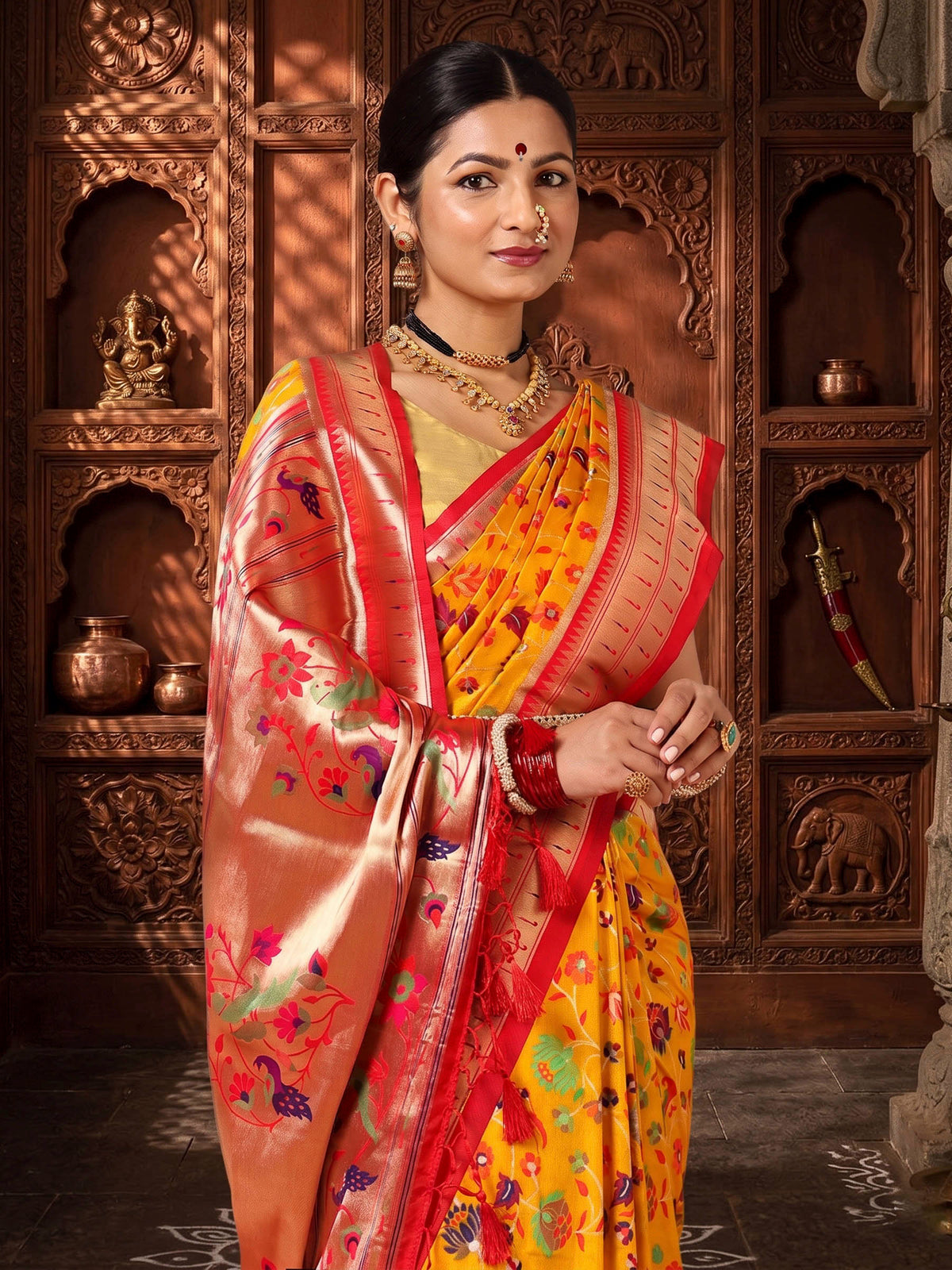 Mustard Red Woven Design Dola Silk Saree