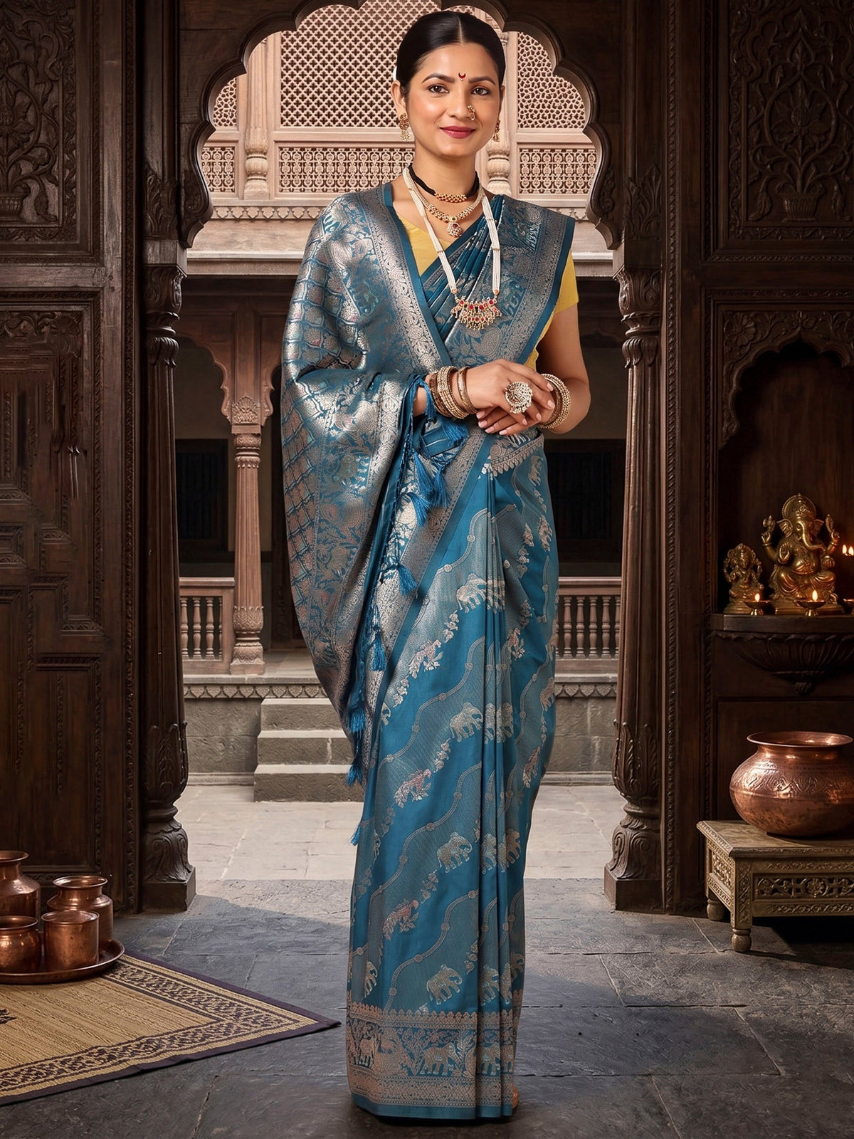 Dark Blue Woven Design Dola Silk Saree