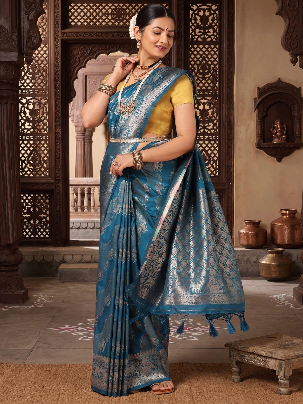 Dark Blue Woven Design Dola Silk Saree