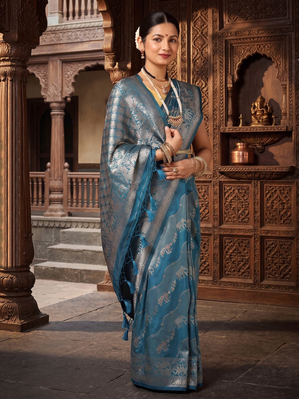 Dark Blue Woven Design Dola Silk Saree