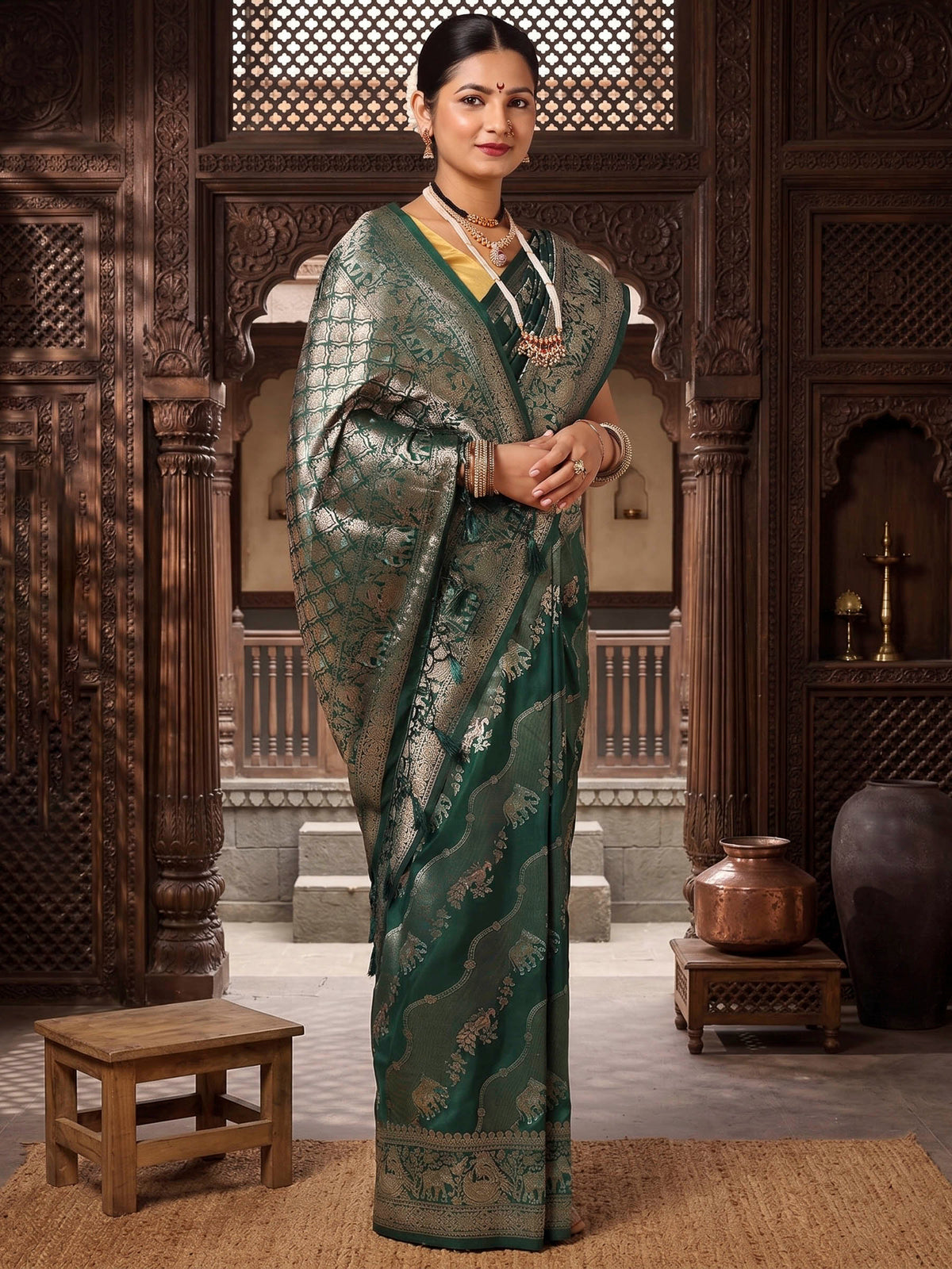 Dark Green Woven Design Dola Silk Saree