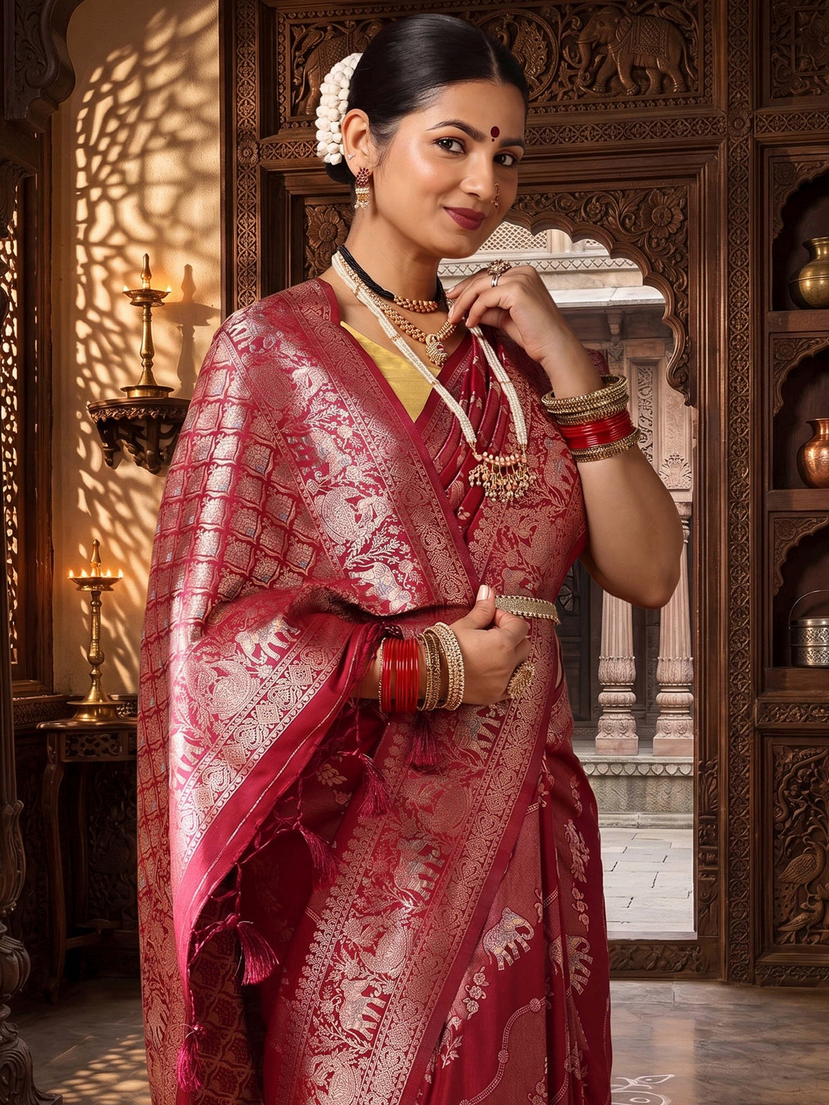 Maroon Woven Design Dola Silk Saree