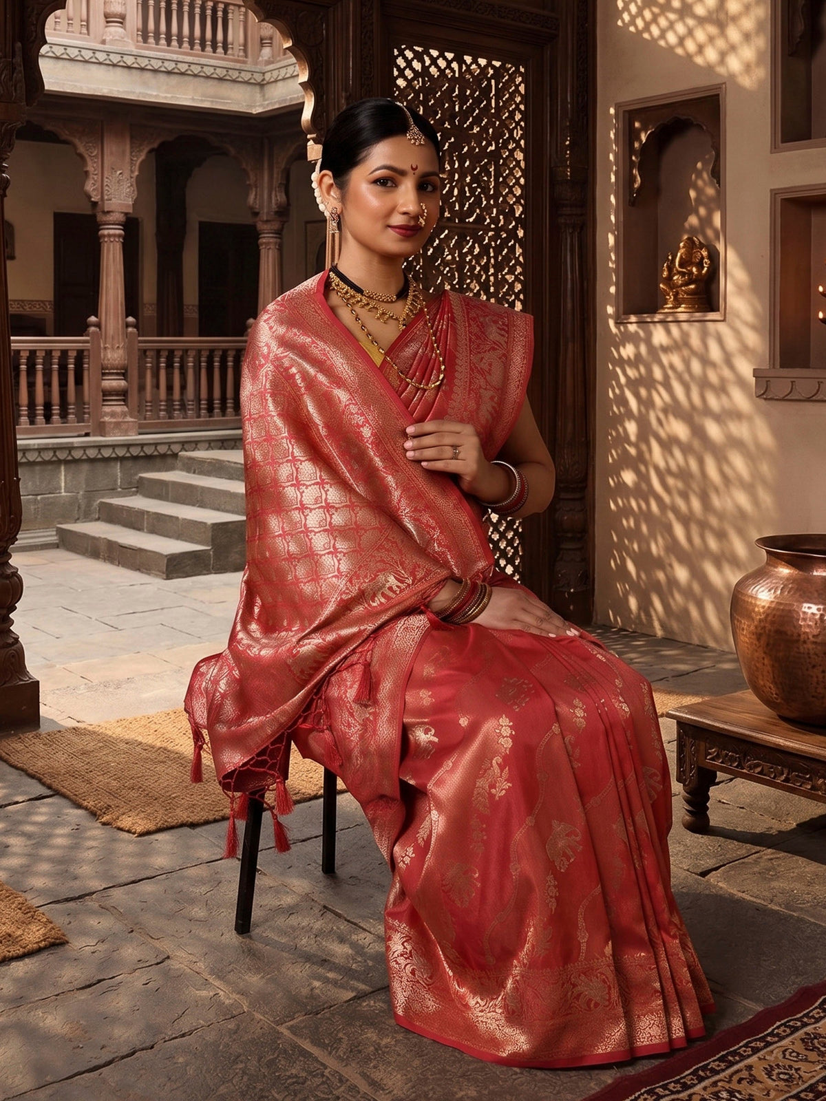 Peach Woven Design Dola Silk Saree