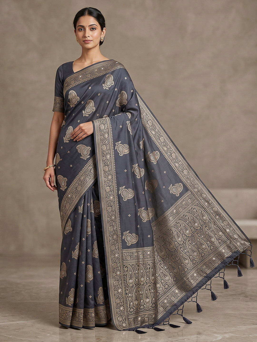 Navy-Blue Woven Design Dola Silk Saree