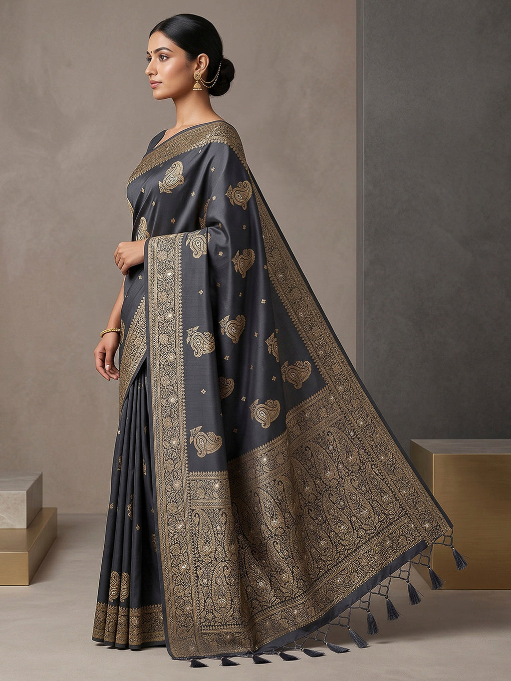 Navy-Blue Woven Design Dola Silk Saree