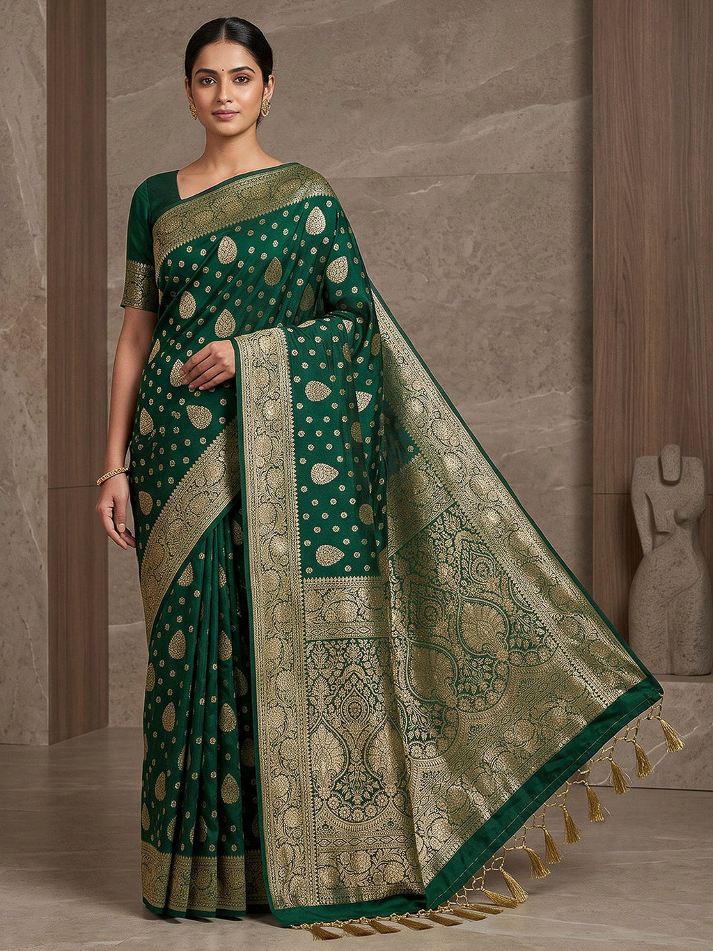 Bottle Green Woven Design Dola Silk Saree