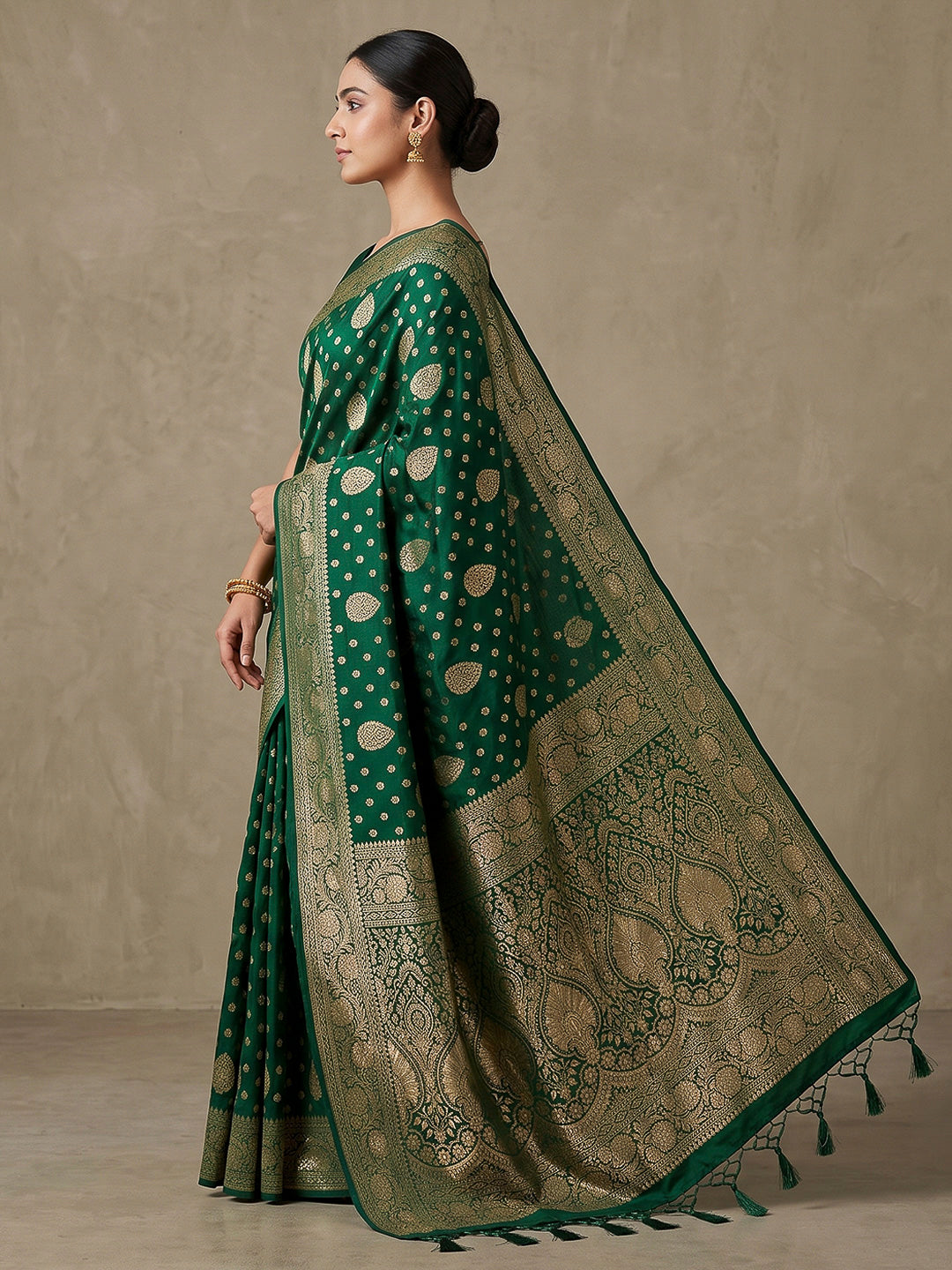Bottle Green Woven Design Dola Silk Saree