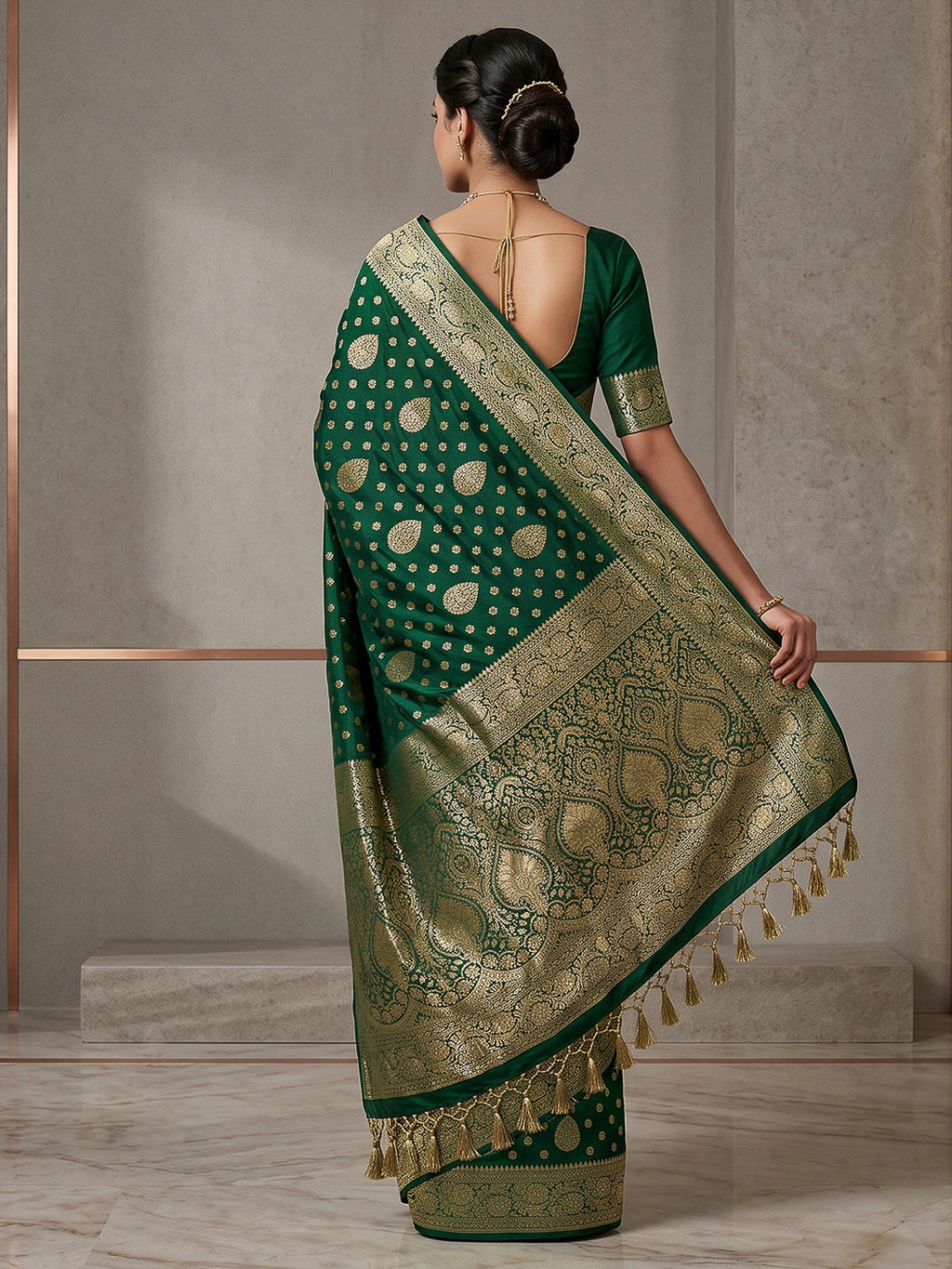 Bottle Green Woven Design Dola Silk Saree