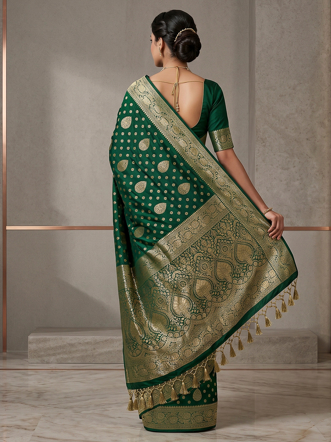 Bottle Green Woven Design Dola Silk Saree