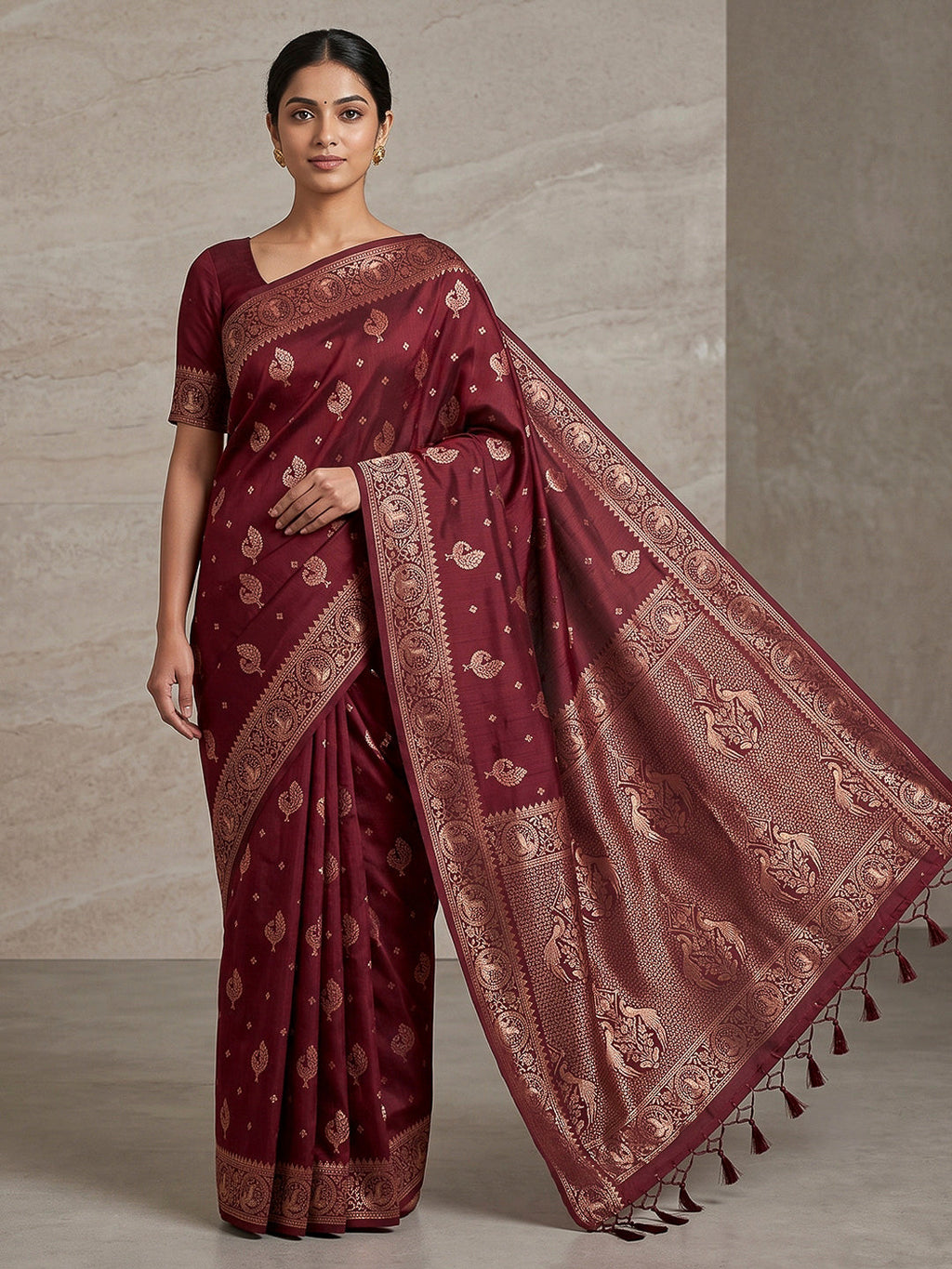 Maroon Woven Design Dola Silk Saree