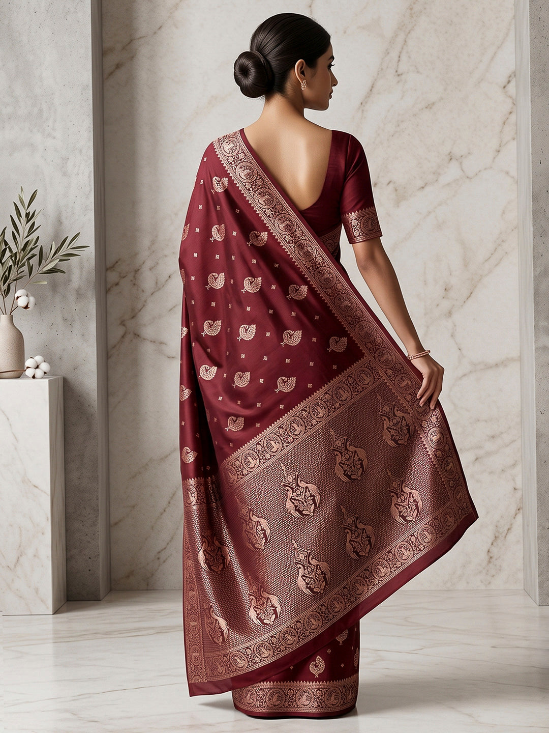 Maroon Woven Design Dola Silk Saree