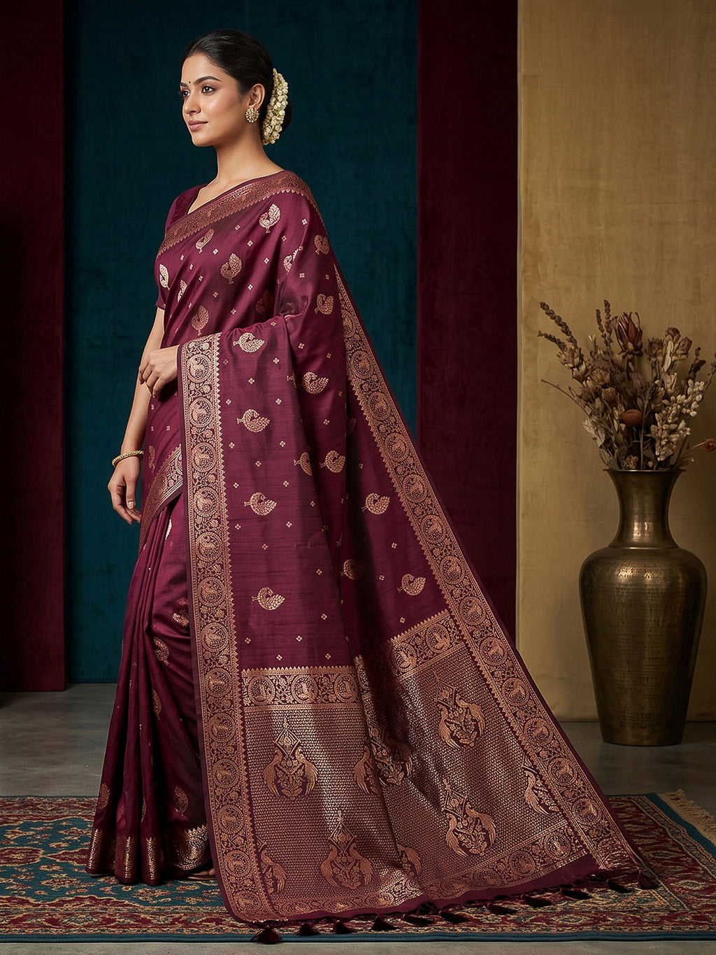Wine Woven Design Dola Silk Saree
