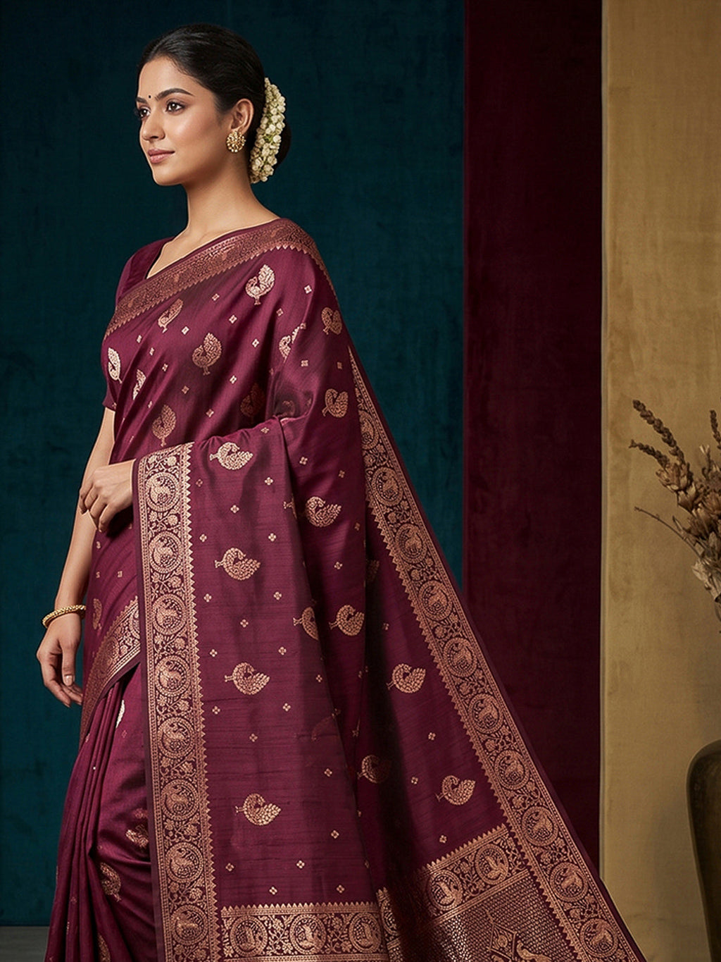 Wine Woven Design Dola Silk Saree