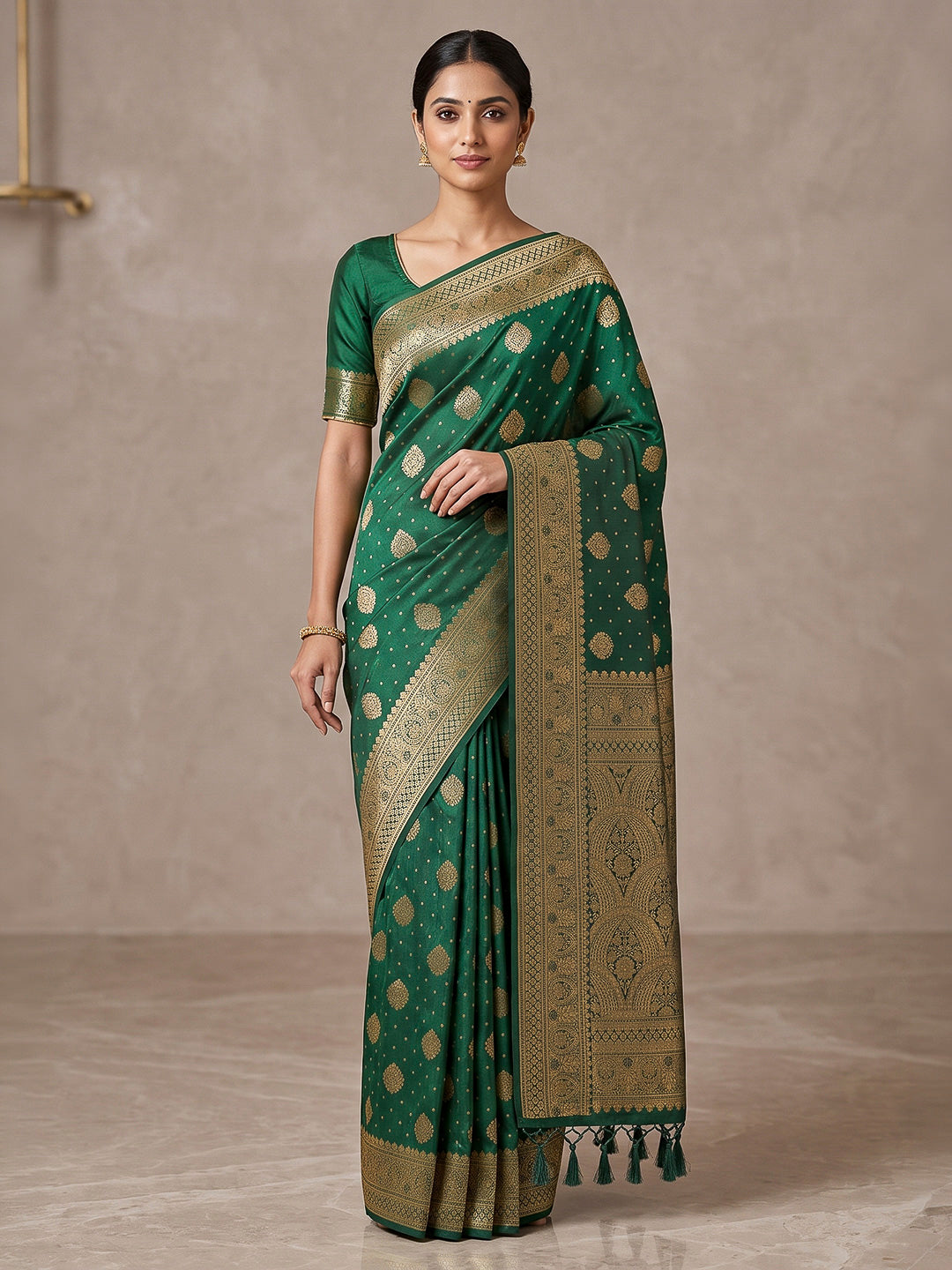 Bottle Green Woven Design Dola Silk Saree