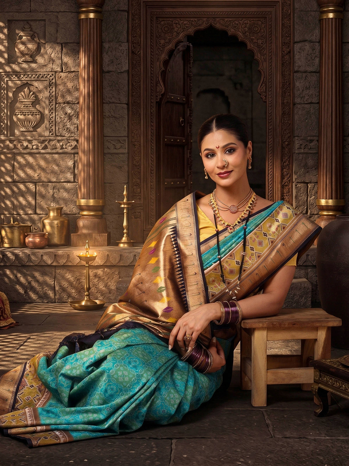 Dark Blue Navy Woven Design Dola Silk Saree