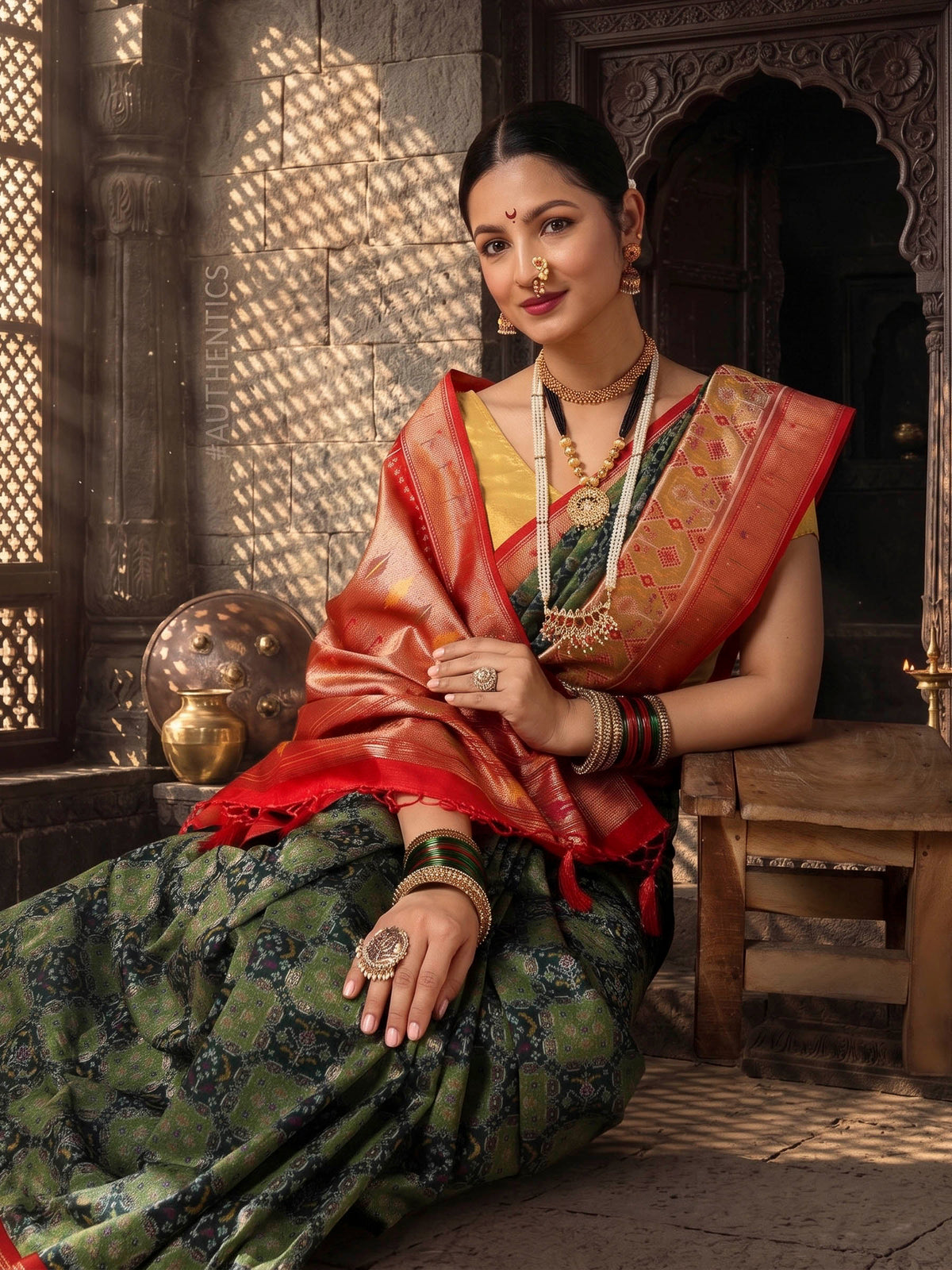 Dark Green Gold Woven Design Dola Silk Saree