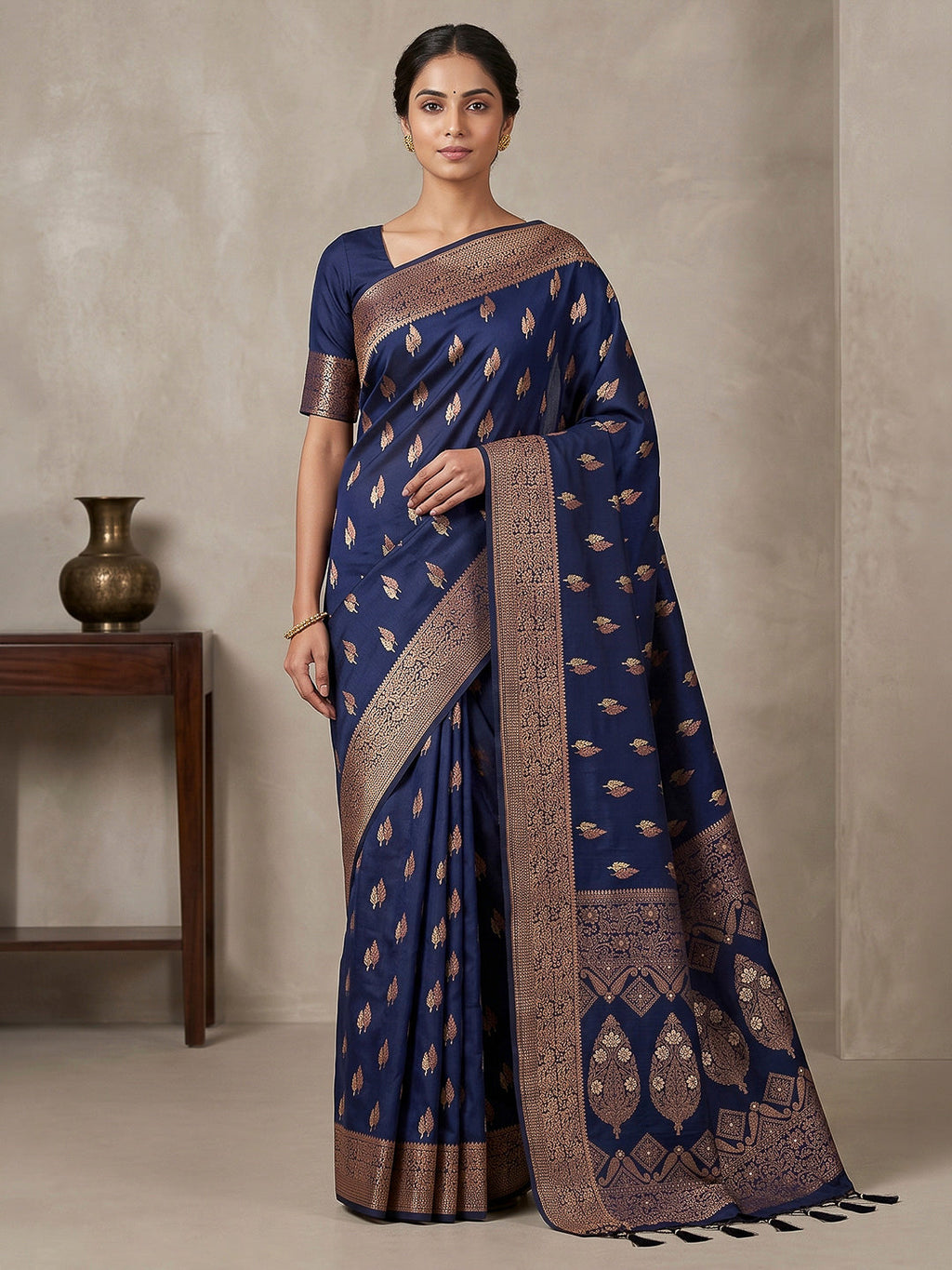 Navy Blue Woven Design Dola Silk Saree