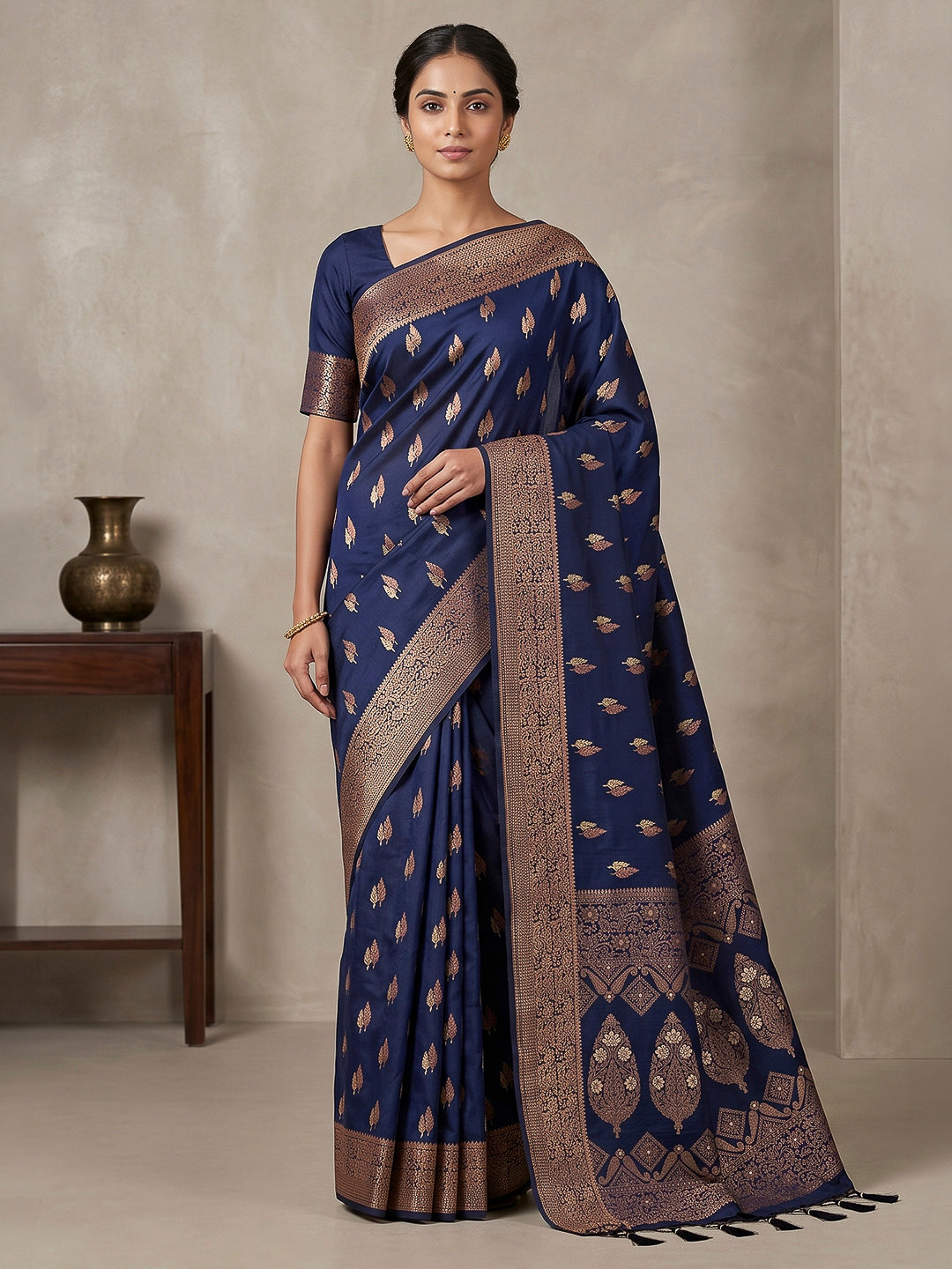 Navy Blue Woven Design Dola Silk Saree