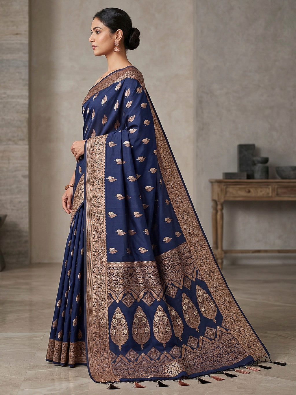 Navy Blue Woven Design Dola Silk Saree