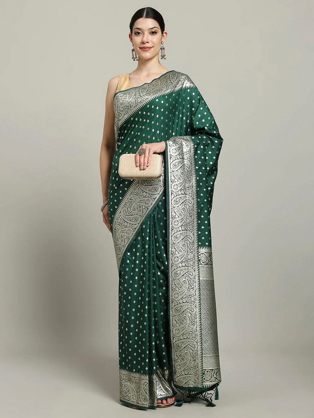 Bottle Green Woven Design Dola Silk Saree