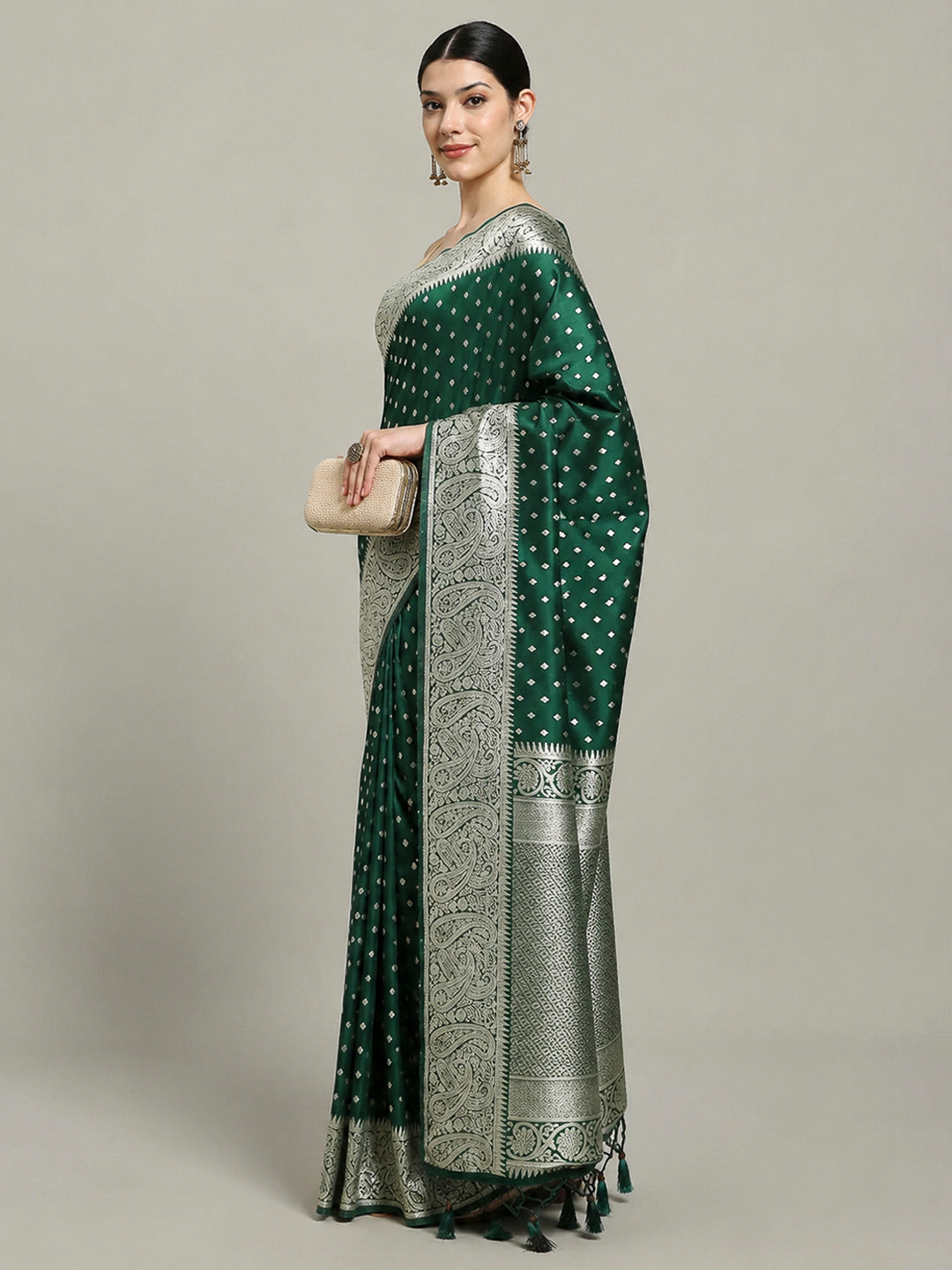 Bottle Green Woven Design Dola Silk Saree