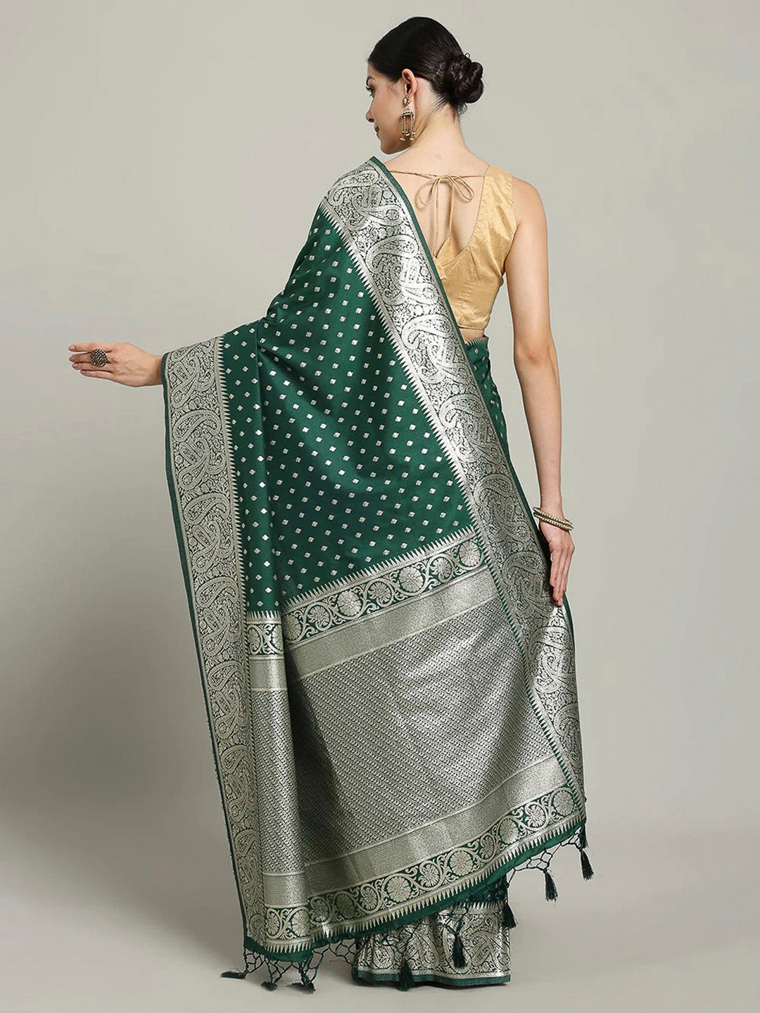 Bottle Green Woven Design Dola Silk Saree