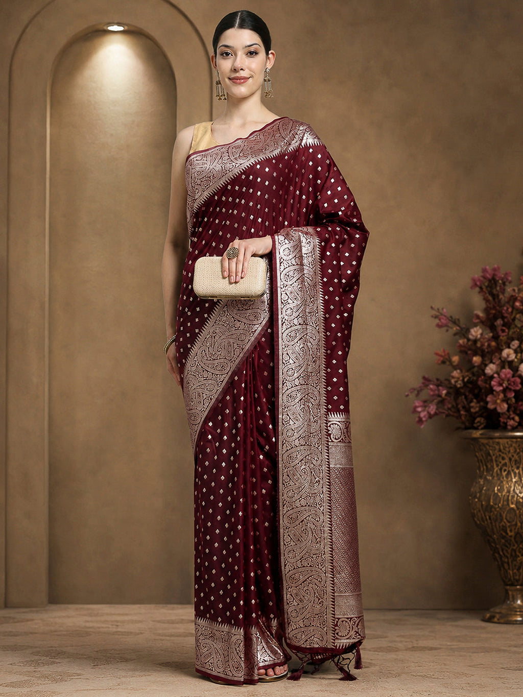 Wine Woven Design Dola Silk Saree