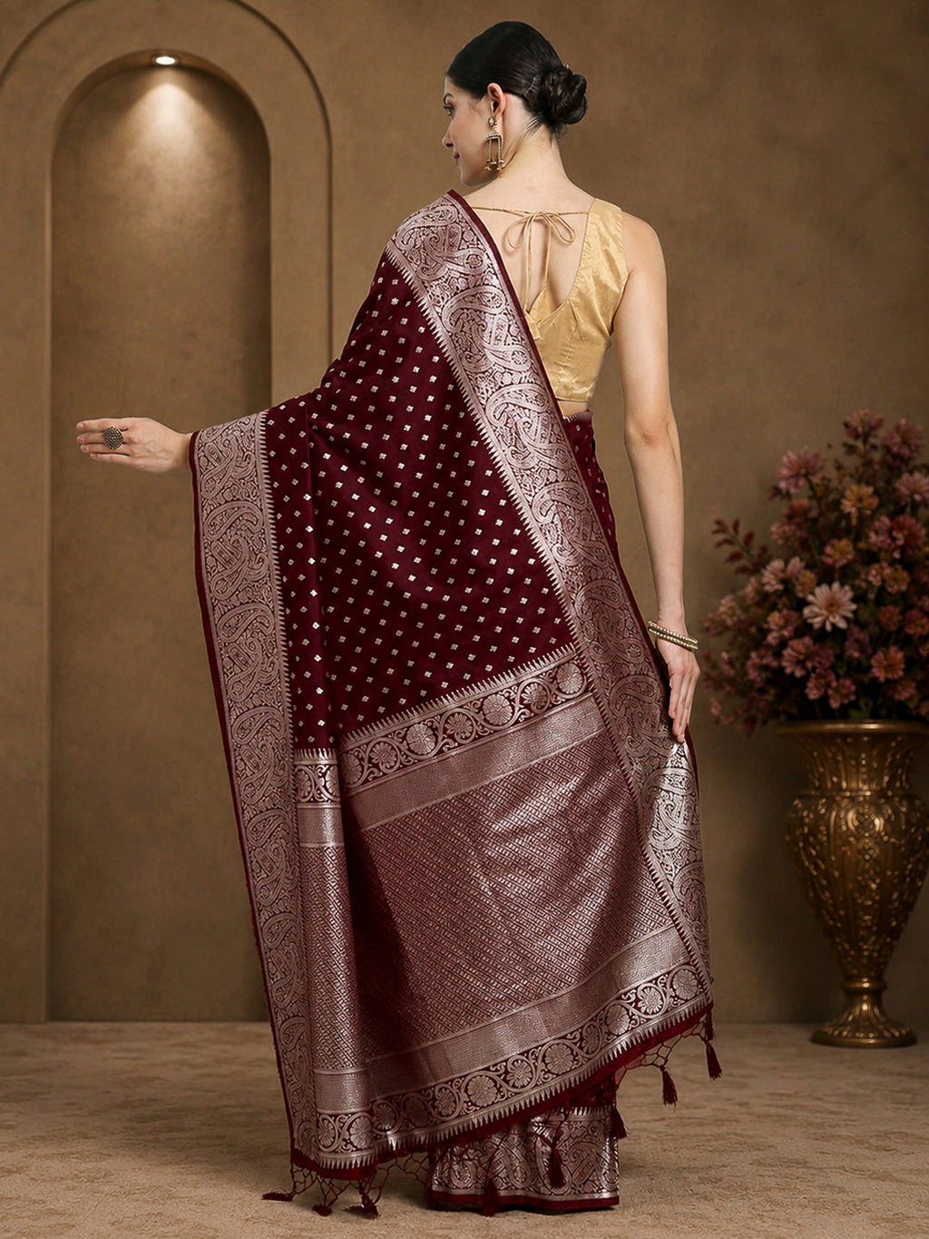 Wine Woven Design Dola Silk Saree